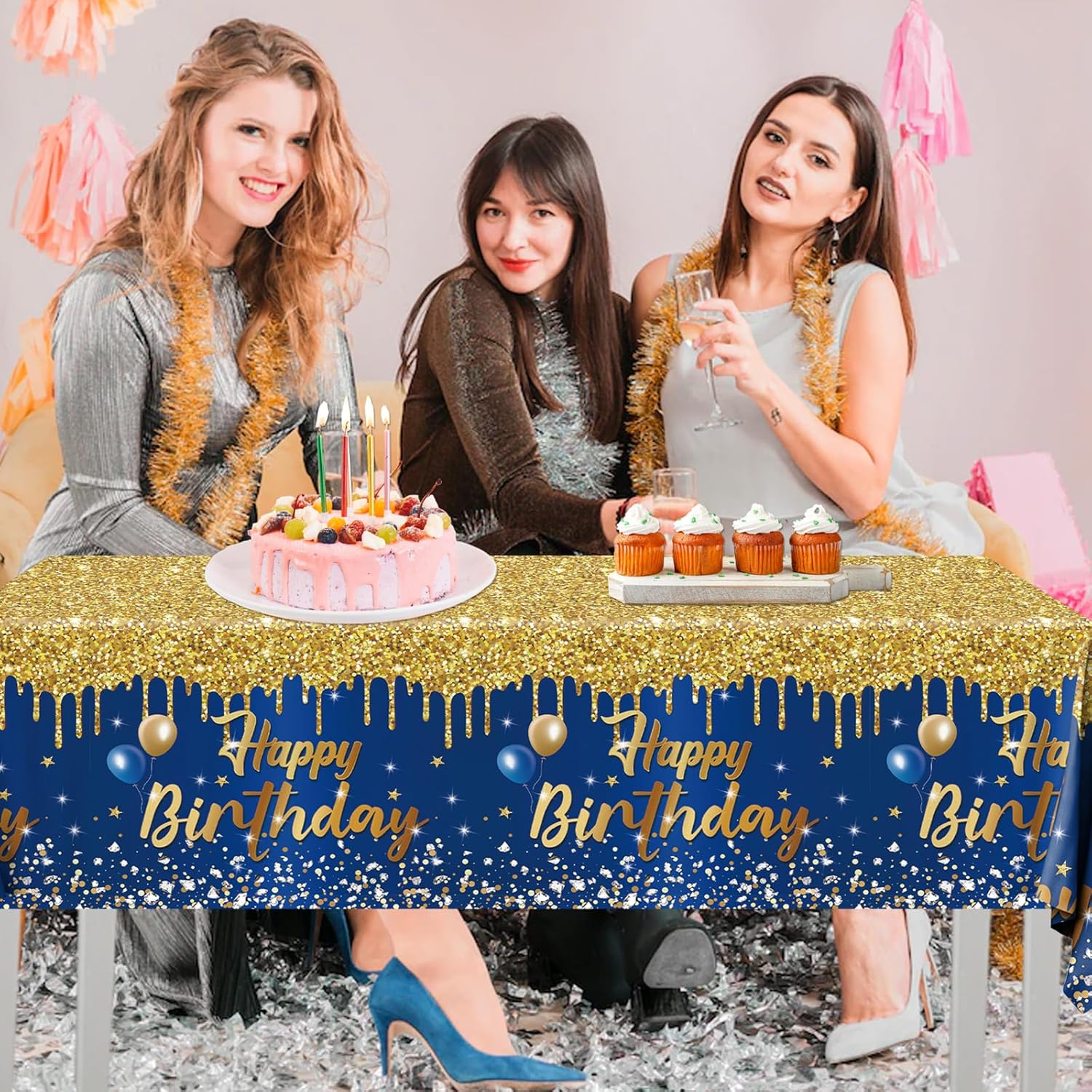 Mantel de feliz cumpleaños, 3 manteles azul marino y dorado para fiestas, decoración de cumpleaños con purpurina para mujeres y hombres, suministros