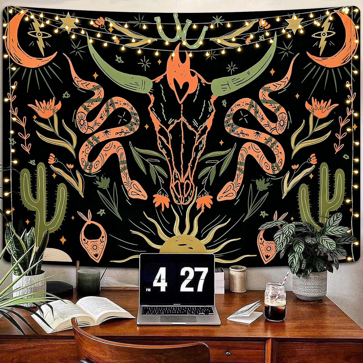 Uspring Tapiz de calavera de vaca, tapiz de serpiente trippy, tapiz estético con plantas florales, cactus y sol, luna, estrellas, tapiz vintage de