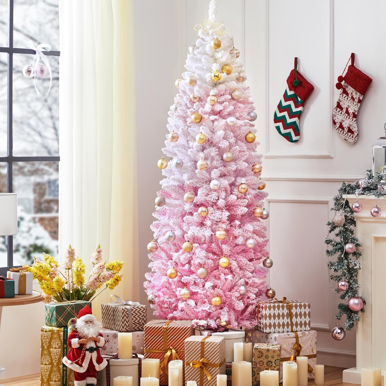 Yaheetech Árbol de Navidad preiluminado de 6 pies con bisagras, esquina delgada, árbol de Navidad, decoración navideña con 250 luces blancas cálidas