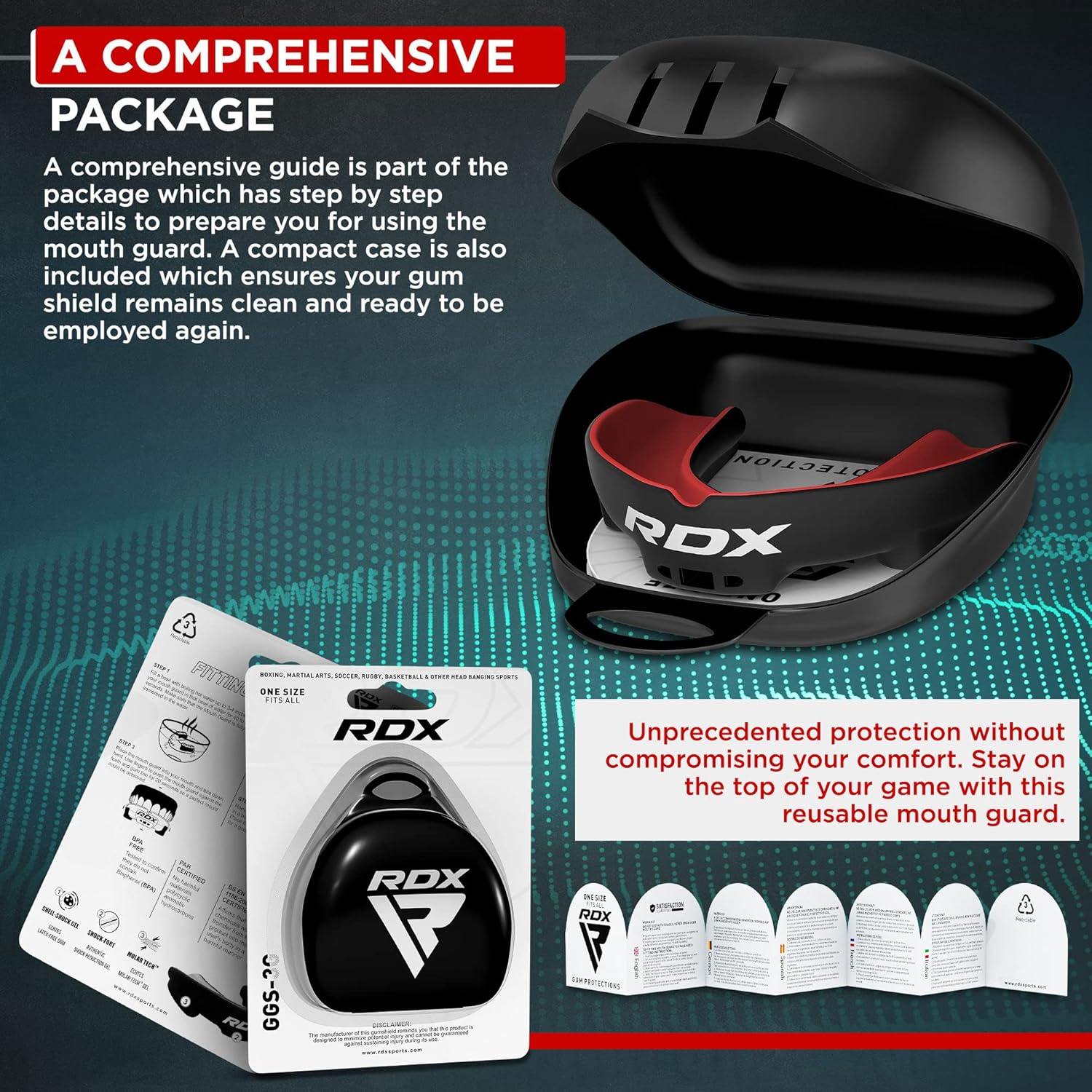 RDX Protector bucal, protector de encías, protector bucal para boxeo, artes marciales mixtas y kickboxing, Muay Thai, protector bucal con estuche de