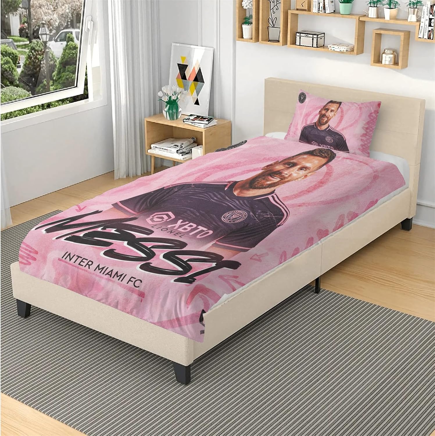 Aimery Miami – Juego de ropa de cama de fútbol, juego de funda de edredón de fútbol rosa, juego de ropa de cama de fútbol de microfibra suave, 3