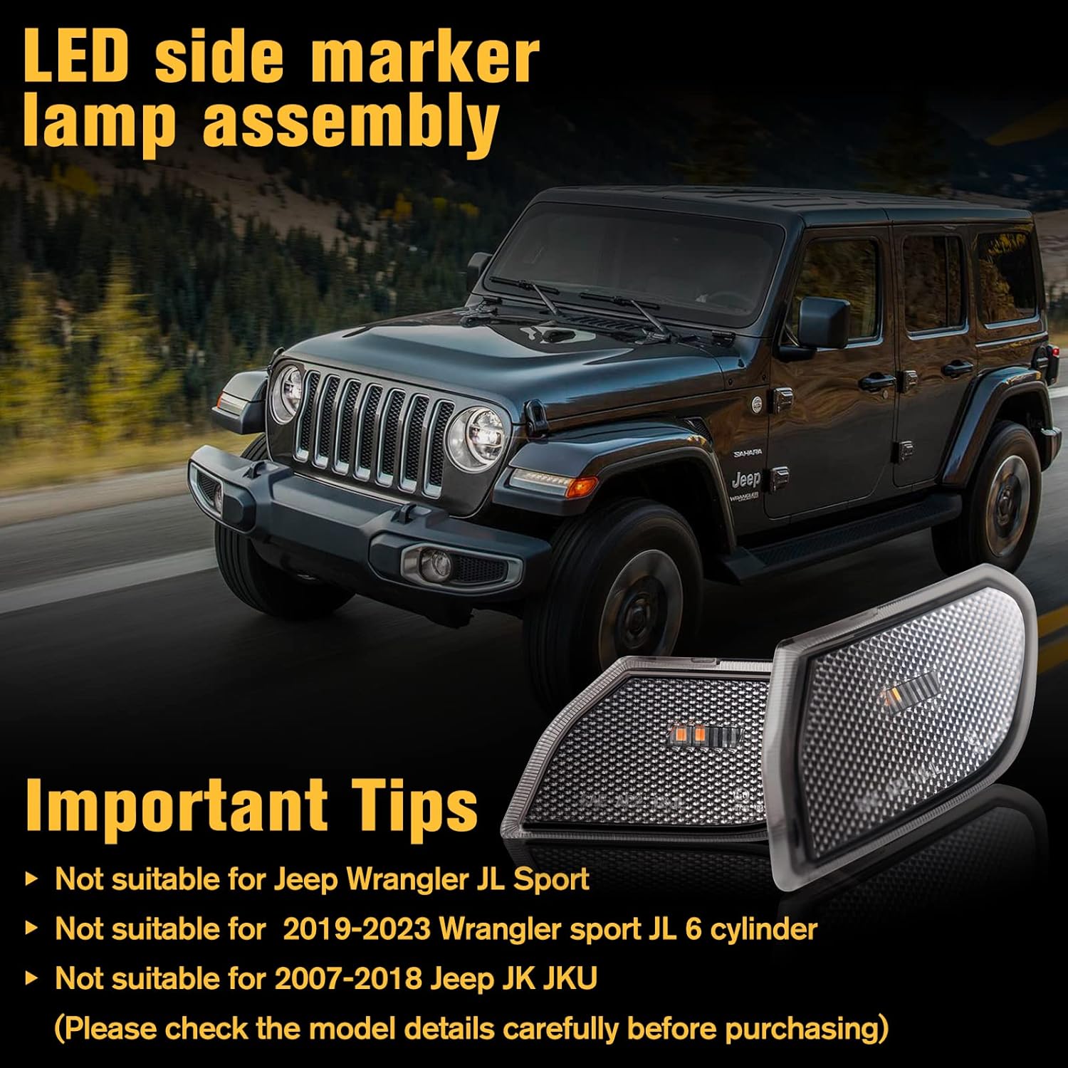 LitMiRaCle LED Side Marker Light for Jeep Wrangler JL & Gladiator JT 2018 2019 2020 2021 2022 2023, Smoke Lens Amber Fender Flares Light Accessories