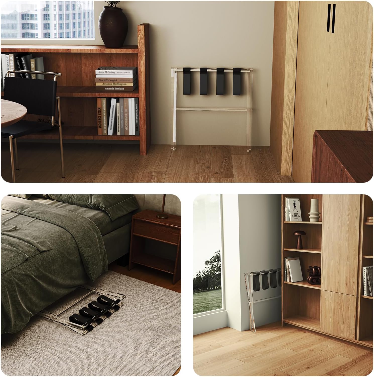 Sumerflos Portaequipajes de acrílico para habitación de invitados, soporte plegable transparente para maleta con correas de cuero para dormitorio,