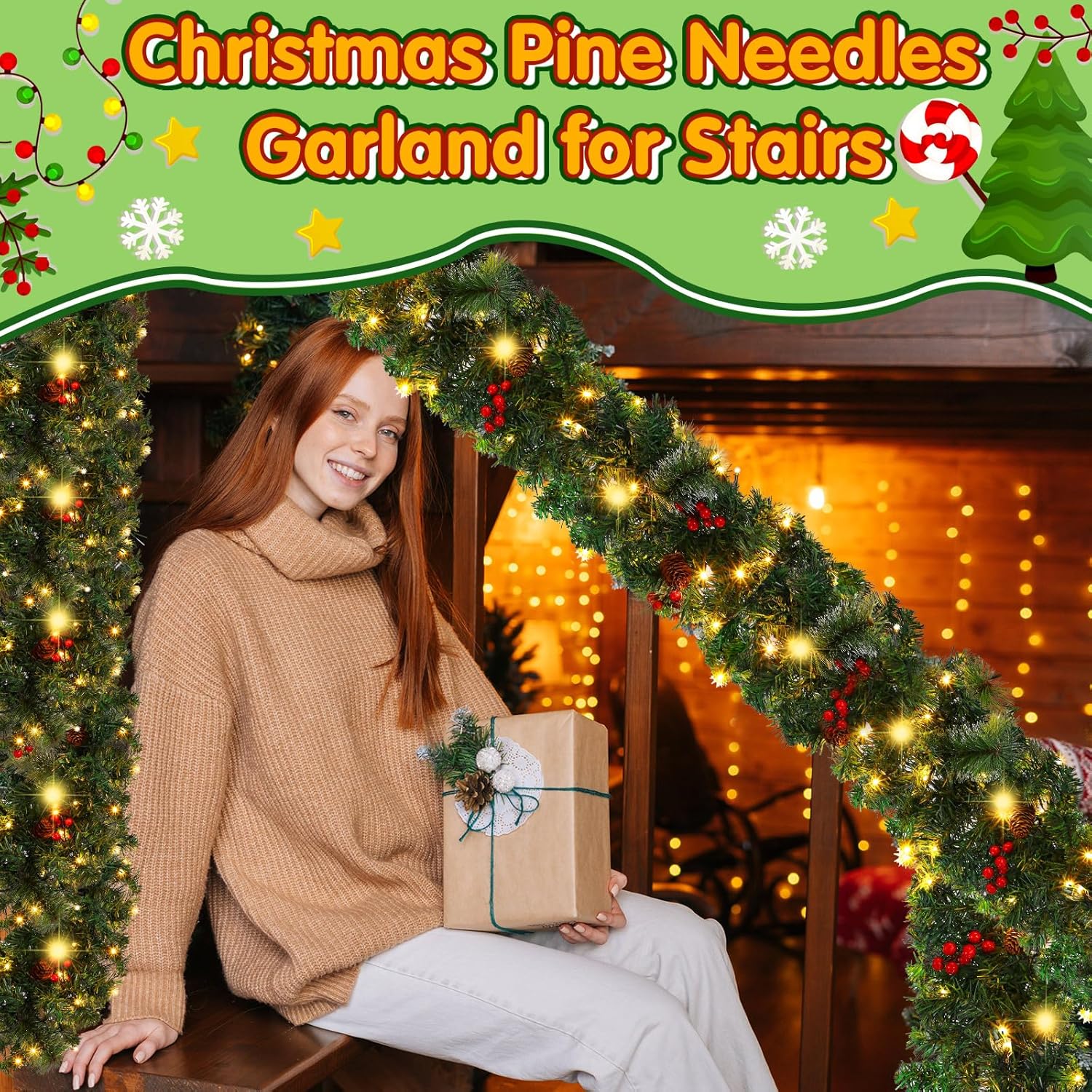 Guirnalda de Navidad artificial preiluminada de 8.86 pies, guirnalda de Navidad iluminada con conos de pino, guirnalda de 100 luces LED, guirnalda