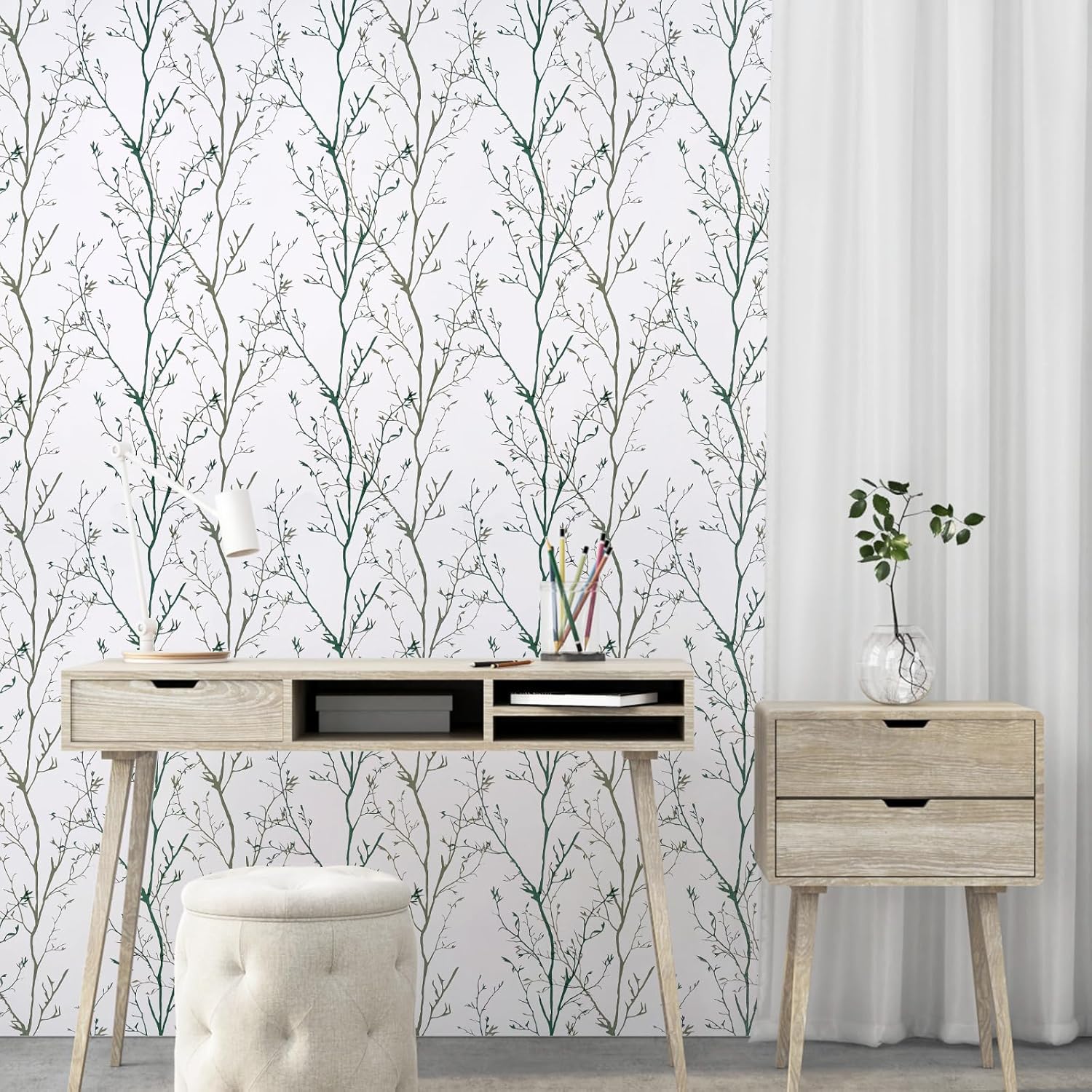 Melwod Papel tapiz de ramas de árbol verde, 17.7 x 472 pulgadas, papel tapiz moderno de ramas de árbol, papel tapiz floral, autoadhesivo, extraíble,