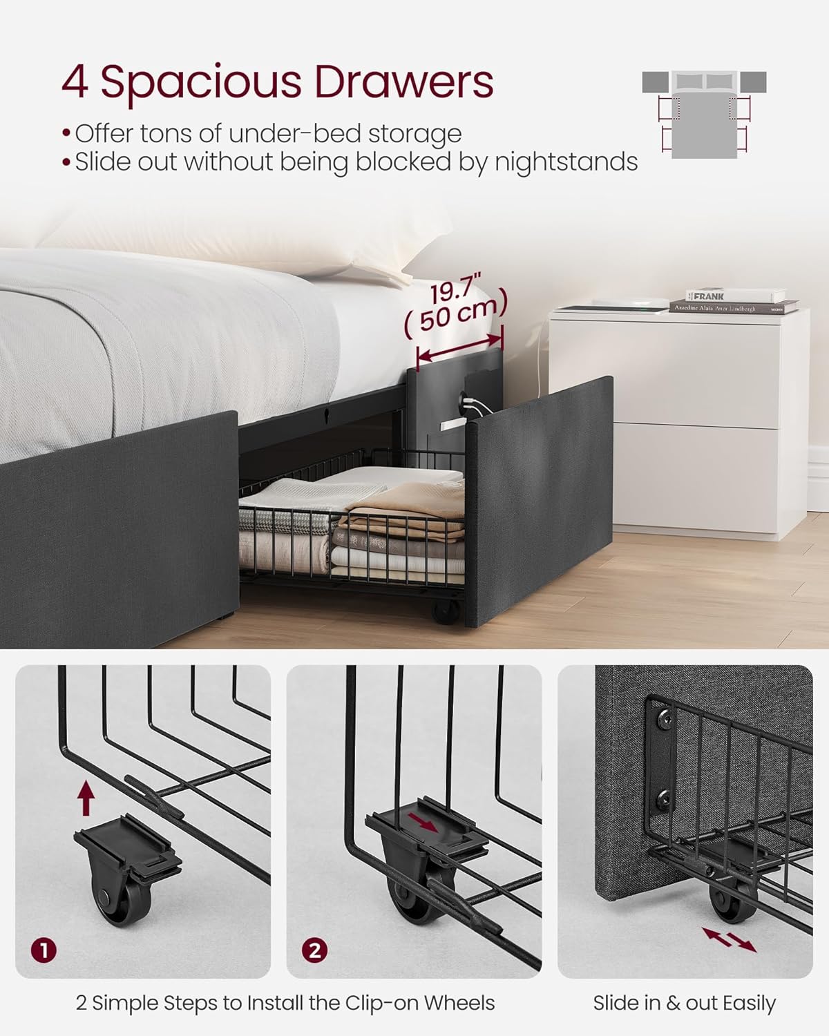 VASAGLE Base de cama LED tamaño Queen con 4 cajones y estación de carga, marco de cama Queen con 1 puerto USB y 1 puerto tipo C, listones de acero,