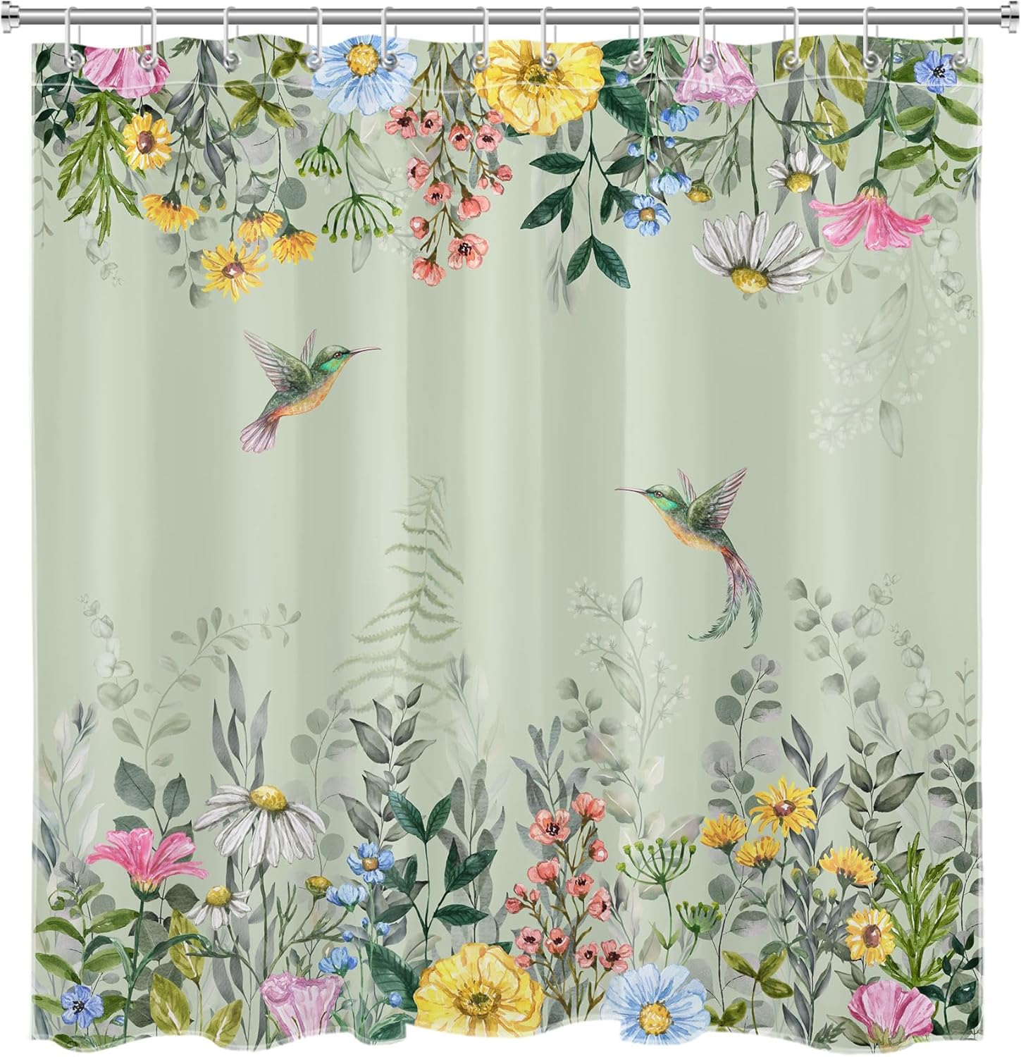 LB Watercolor Floral Shower Curtain Sets with Rugs Hummingbird and Colorful Flower with Eucalyptus Leaf on Sage Green Fabric Shower Curtain with