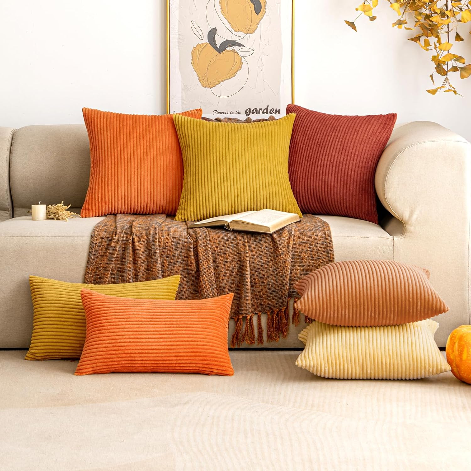 EMEMA Juego de 2 fundas de almohada de pana de color naranja quemado otoñal, fundas de cojín cuadradas de rayas suaves para sofá, dormitorio, silla