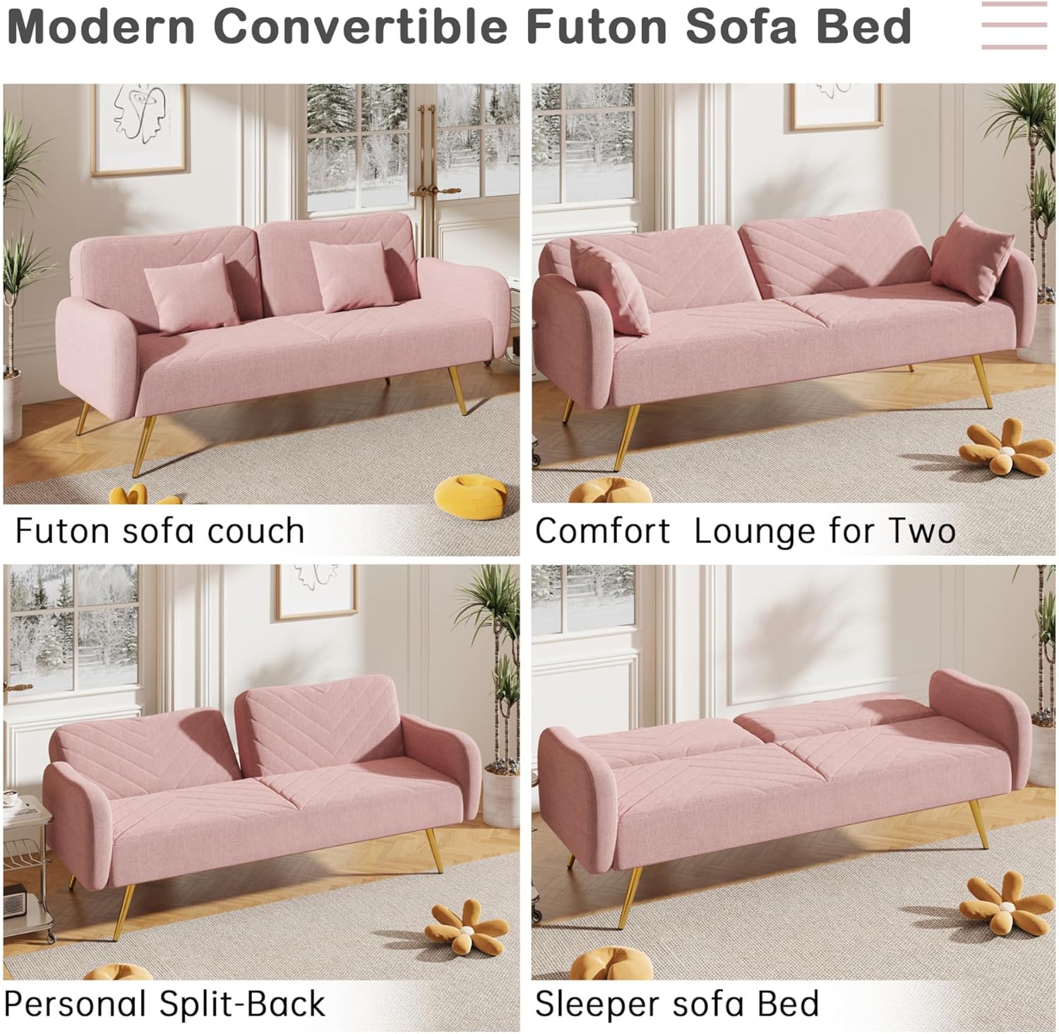 JINS&VICO Sofá cama convertible de 70.47 pulgadas de ancho con dos almohadas, cómodo sofá futón con respaldo ajustable, moderno sofá cama con patas