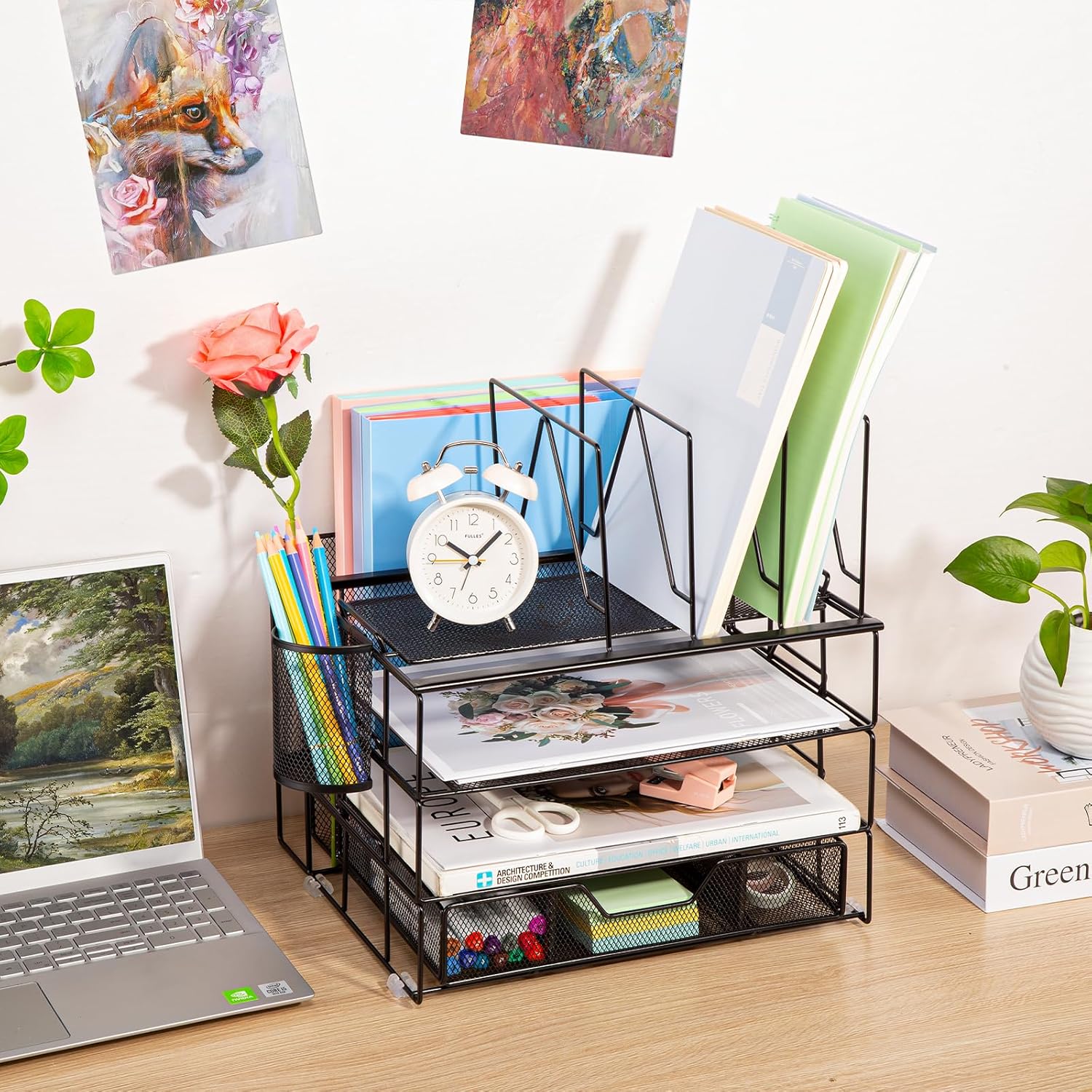 Housmile Organizadores y accesorios de escritorio, organizador de escritorio de 5 niveles con clasificadores de archivos, bandeja de papel, cajón y