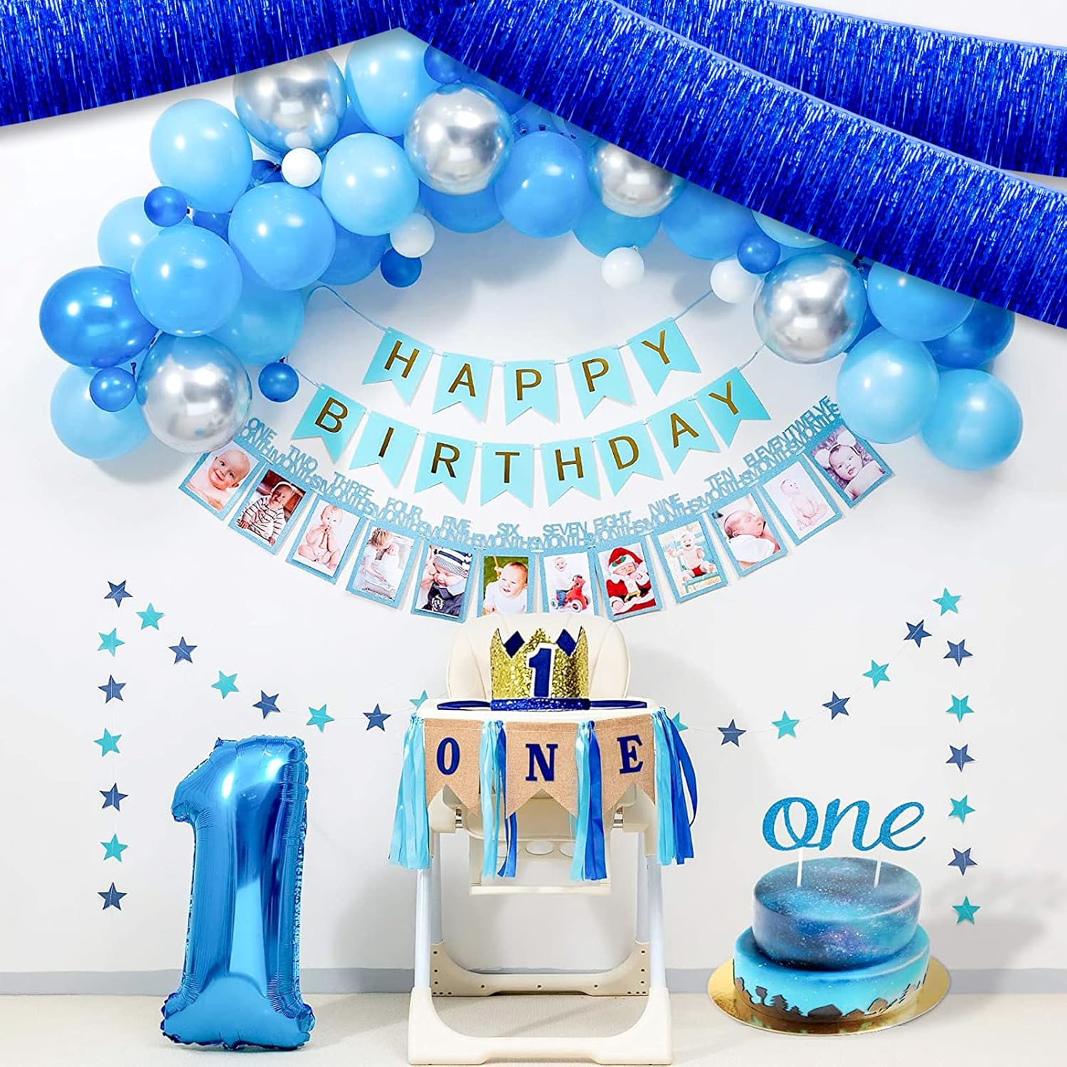 Paquete de 10 guirnaldas de flecos de papel de aluminio azul de 10 pies con borlas metálicas para colgar en la pared, telón de fondo para flotadores