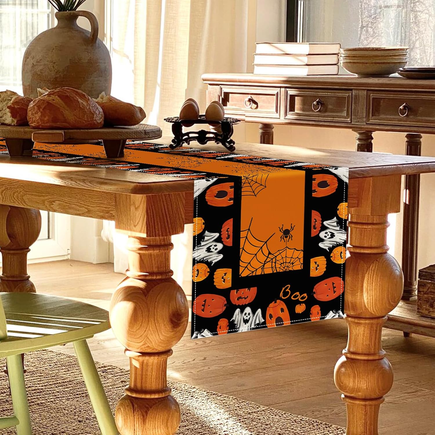 Camino de mesa de Halloween, calabaza, fantasma, bruja, murciélago, telaraña, decoración de mesa para cocina, comedor, café o decoración de fiestas