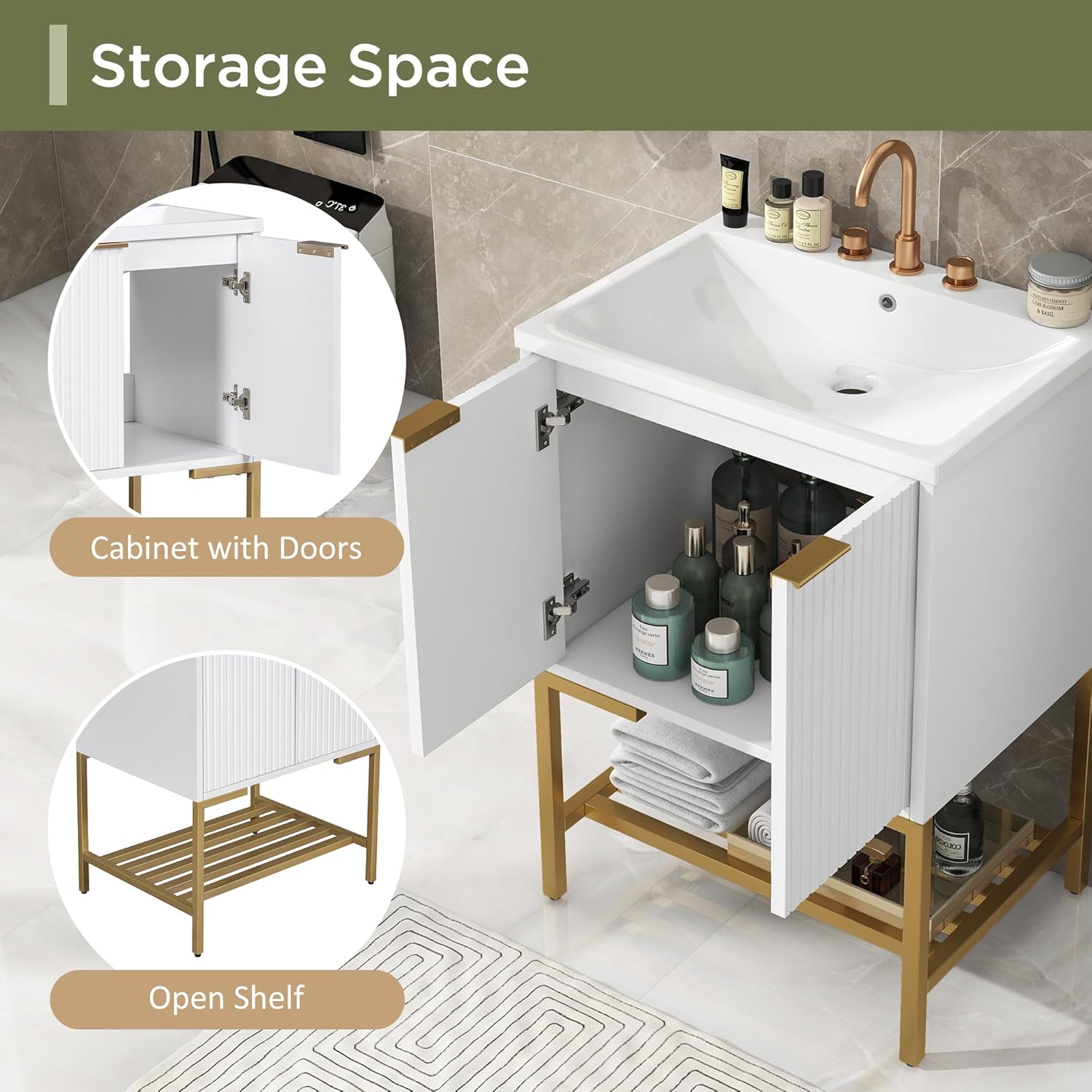 Tocador de baño independiente de 24 pulgadas con fregadero, tocador de baño de pie de 24 pulgadas, tocador moderno con 2 puertas y parte superior de