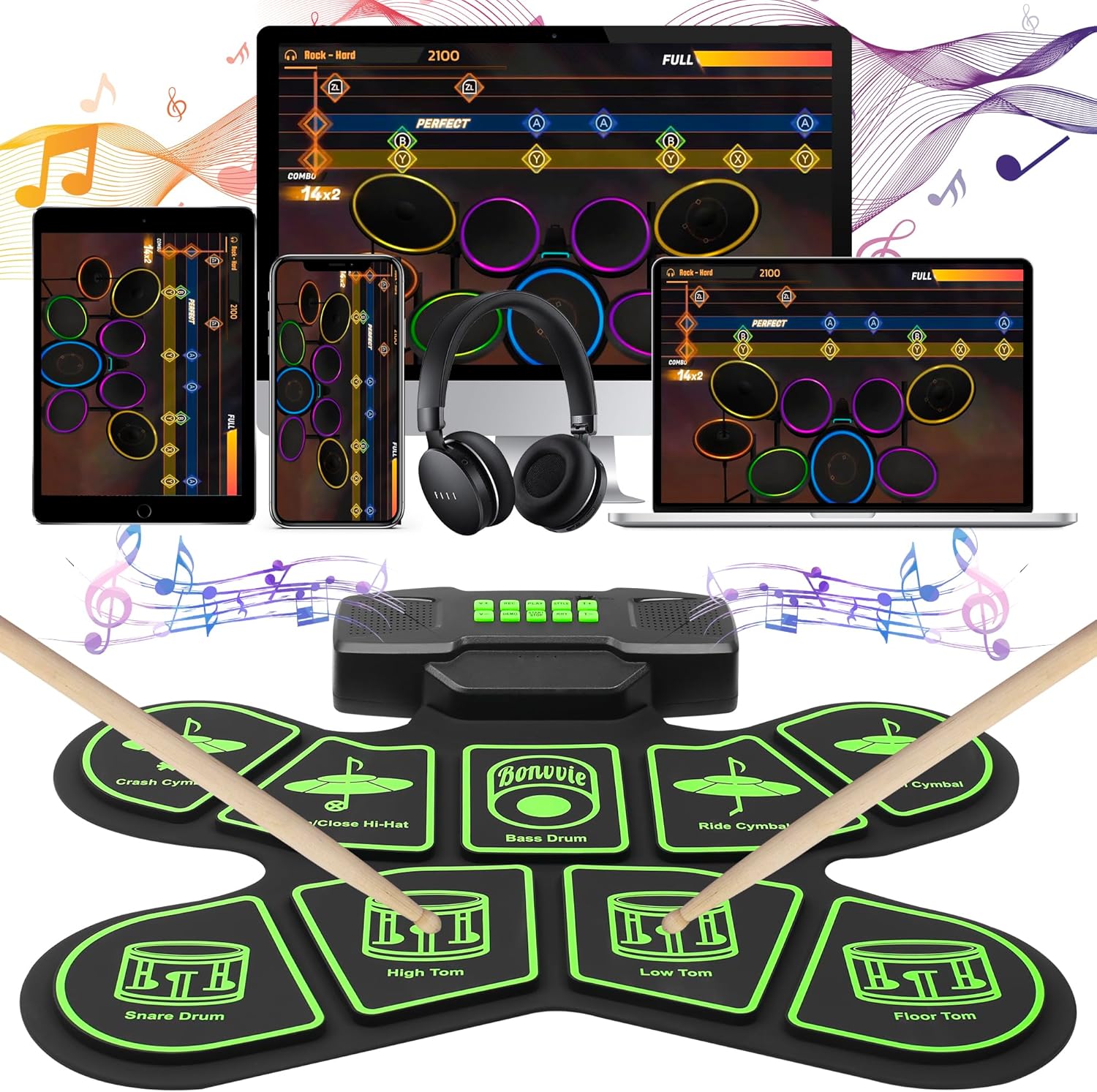 Kit electrónico de batería electrónica, tambor digital enrollable Bonvvie con 9 almohadillas, MIDI, DTC, altavoces duales integrados, batería