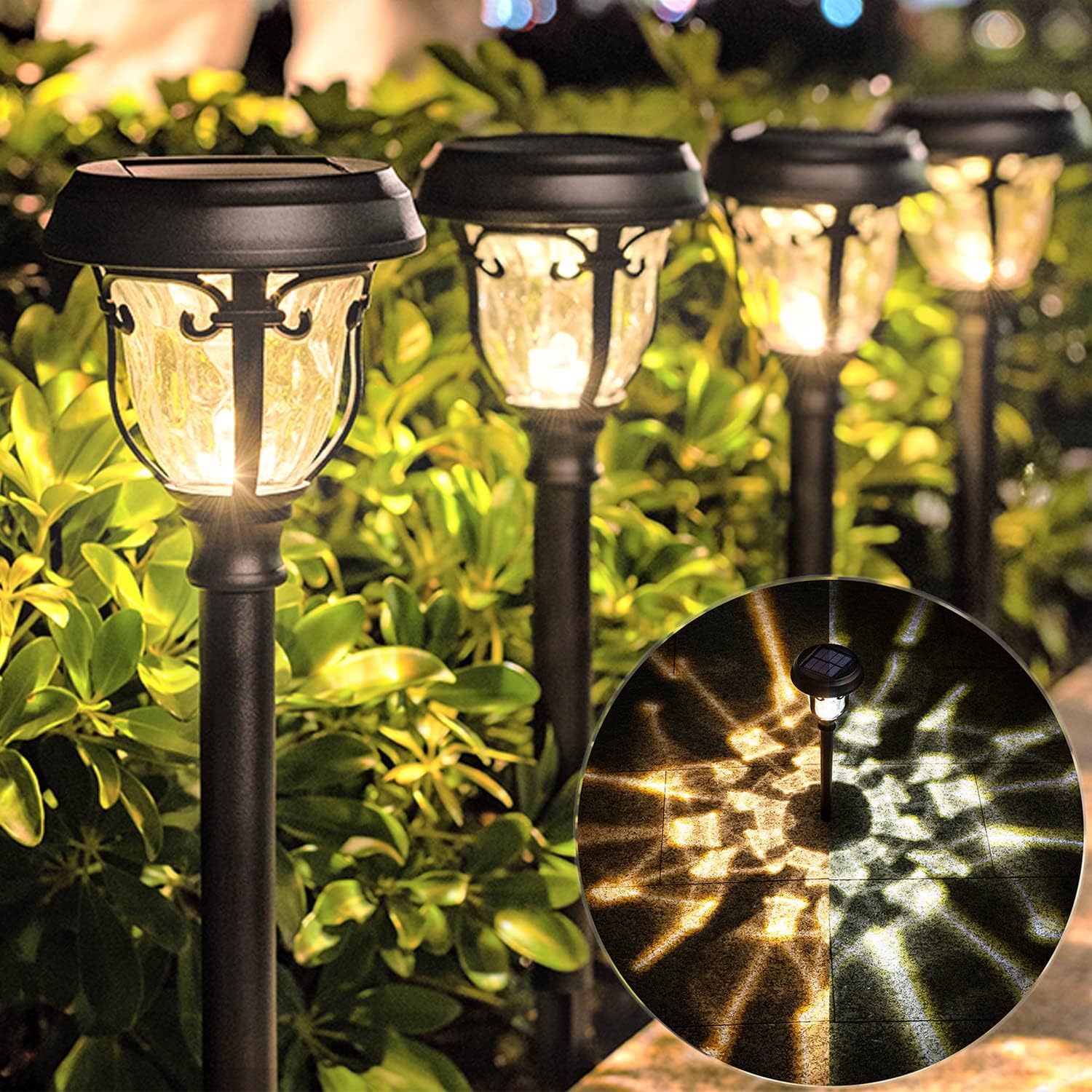 LeiDrail Luces solares para caminos al aire libre, paquete de 6 luces LED de vidrio blanco cálido y blanco frío de acero inoxidable con energía