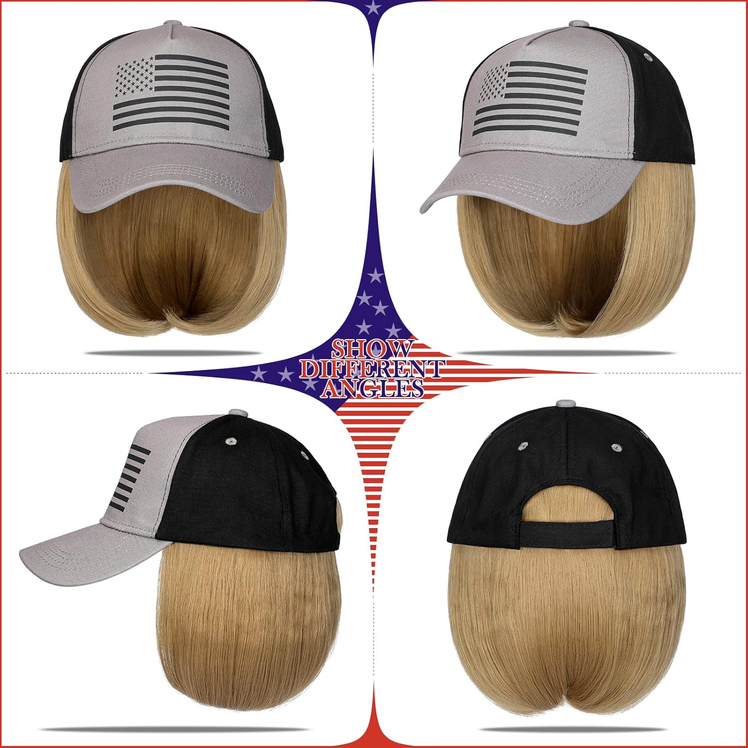 Sombrero de bandera estadounidense con extensiones de cabello, peluca de bandera de Estados Unidos, ajustable, recto, corto, 14 pulgadas, sintético,