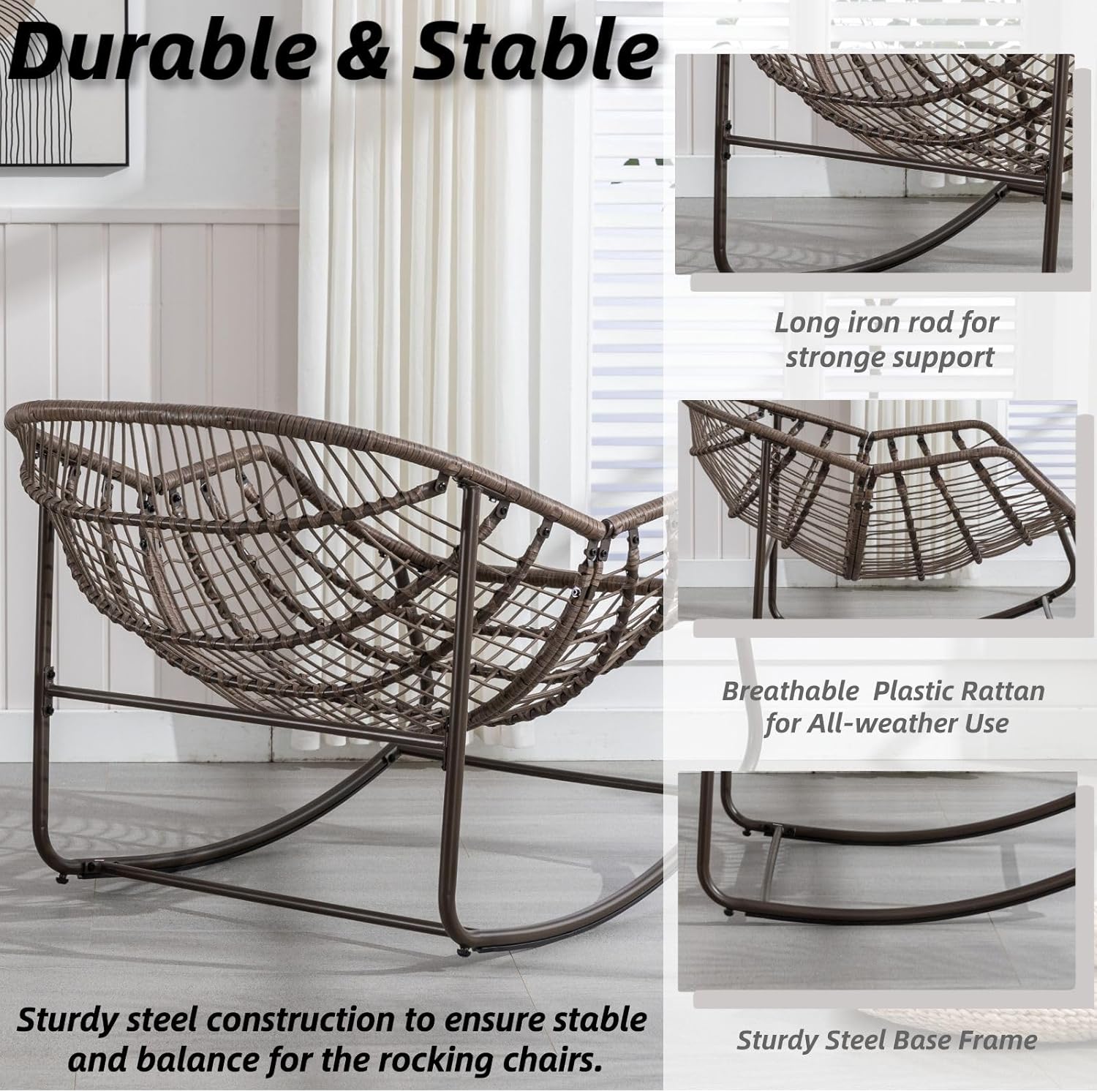 Luccalily Silla mecedora para porche delantero para interiores y exteriores, silla reclinable acolchada de ratán, para patio, jardín, sala de estar