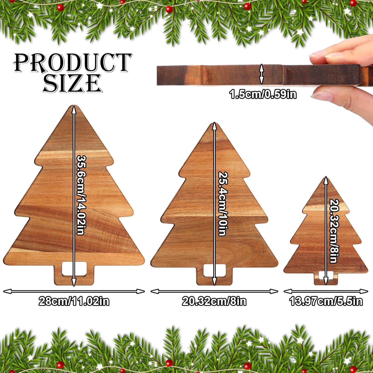 Juego de 3 tablas de cortar de cocina de Navidad con asas, accesorios de cocina de acacia orgánica, tabla de cortar en forma de árbol de Navidad,