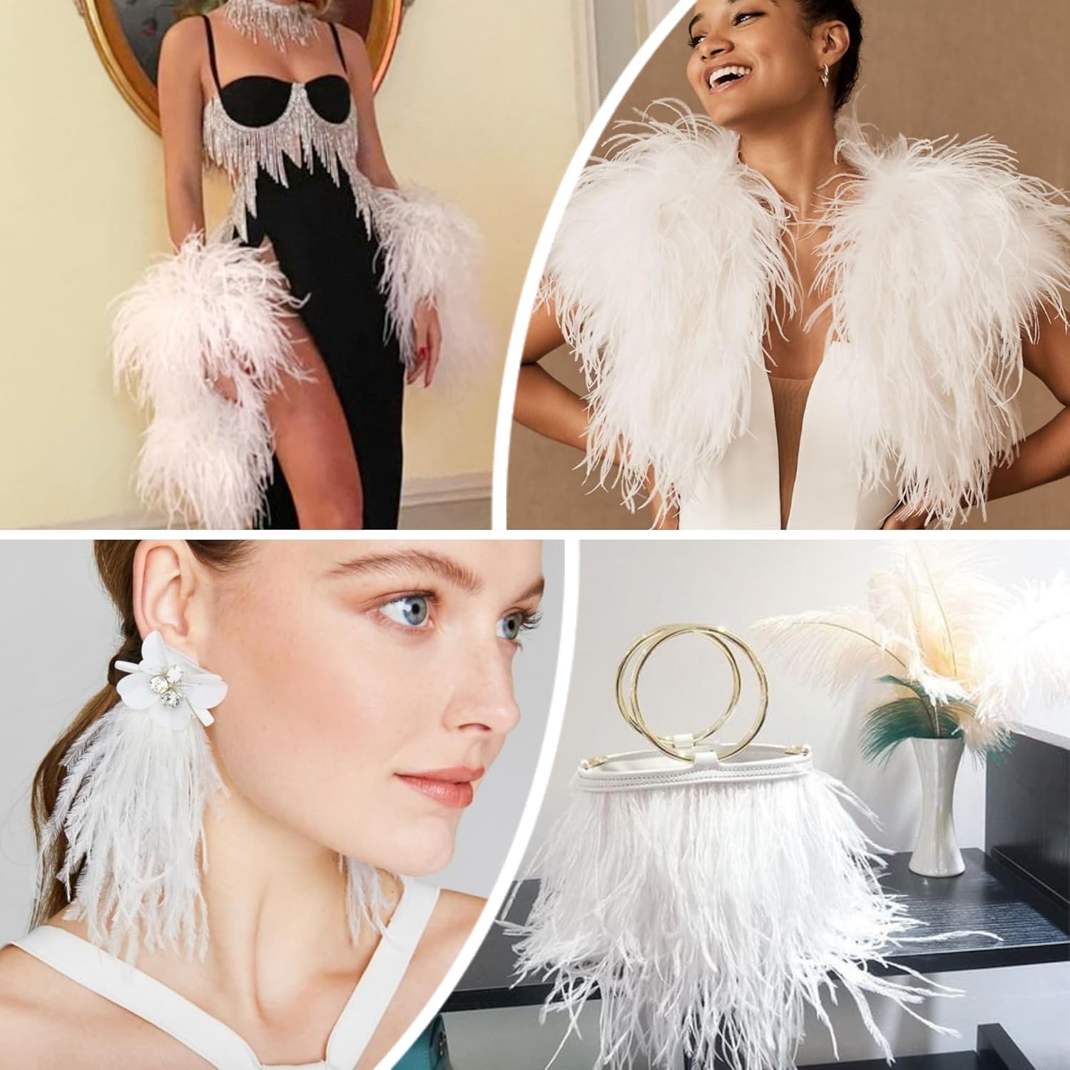 Ribete de plumas de avestruz beige, 2 yardas de 5 a 7 pulgadas, ribete de flecos para manualidades, ropa de costura, vestido latino, boda o fiesta