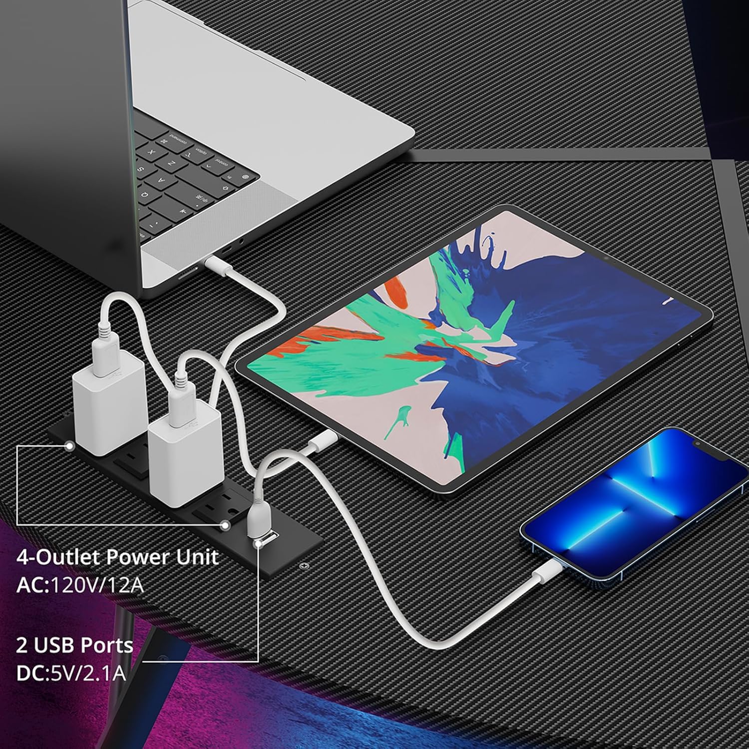 Escritorio para juegos en forma de L con tiras LED y 4 enchufes de alimentación integrados y 2 puertos de salida USB, escritorio reversible para