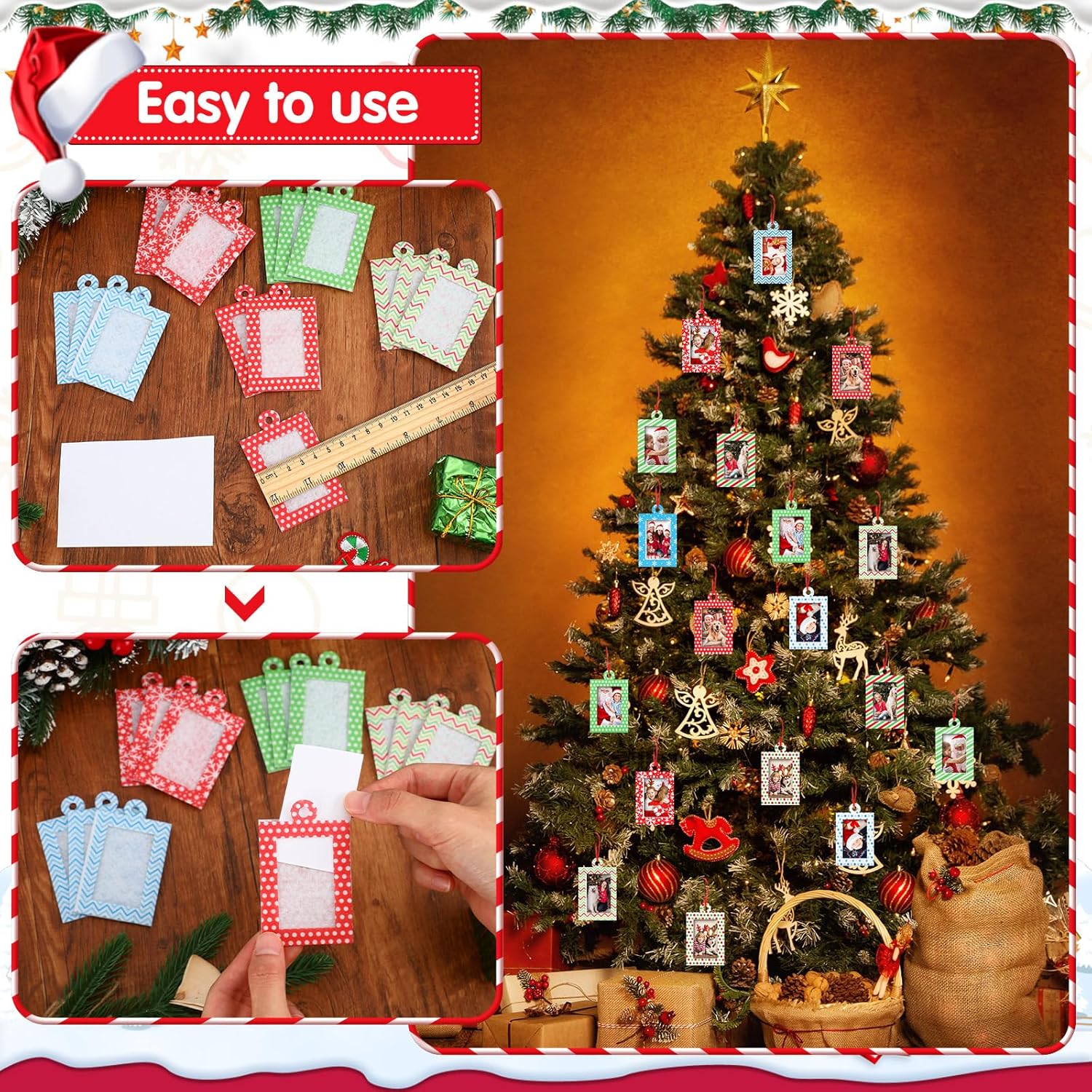 40 marcos de fotos de Navidad de fieltro para colgar en el árbol con cintas, juego de marcos de fotos para árbol de Navidad (rectangular)