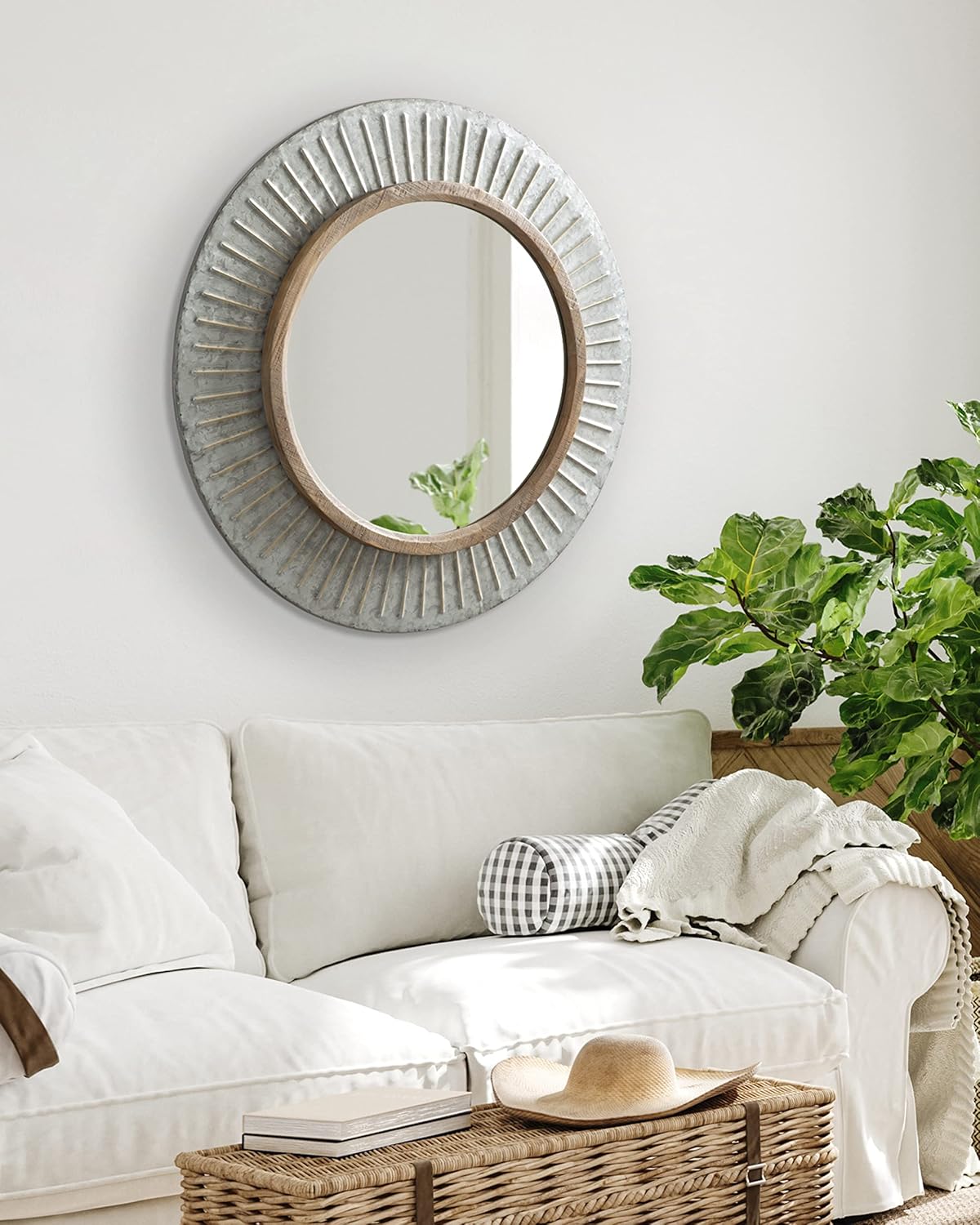 Kate and Laurel Deely Farmhouse – Espejo de pared de 28.5 pulgadas de diámetro, marrón rústico y plateado, decoración de pared envejecida con marco