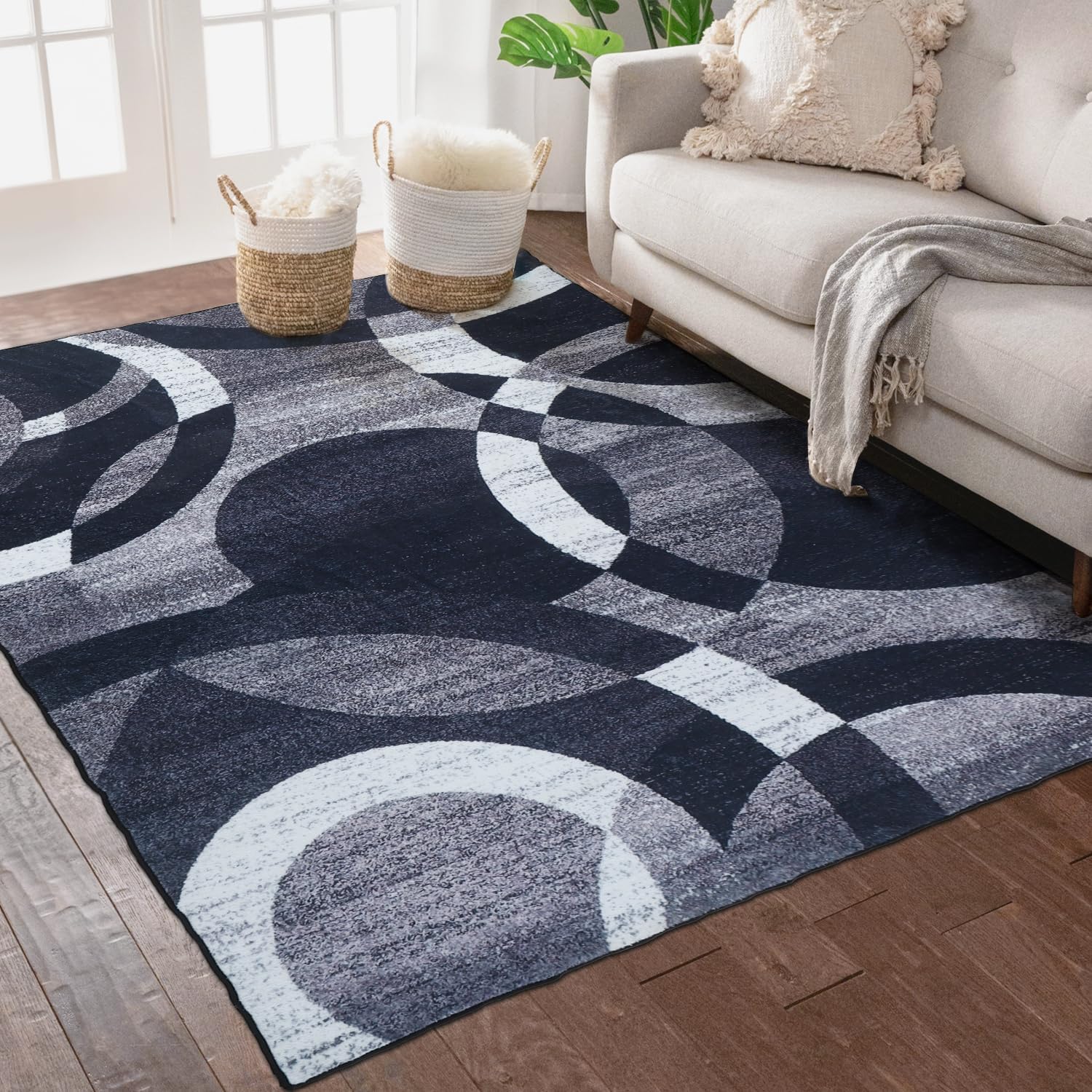 YUFANUHO Alfombra moderna de lana sintética suave de 3 x 5 pies, diseño de líneas de círculos abstractos, para sala de estar, dormitorio, lavable a