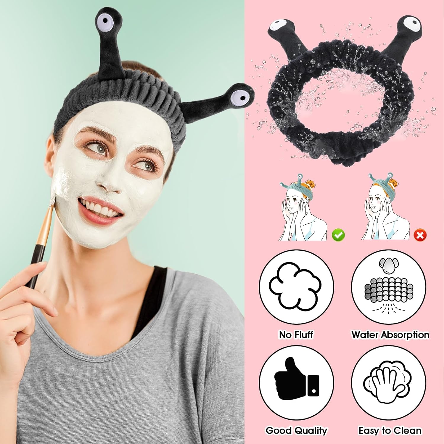 Diadema de spa para maquillaje facial, banda para la cabeza de microfibra suave de forro polar coral para la cabeza, caracol, dibujos animados,