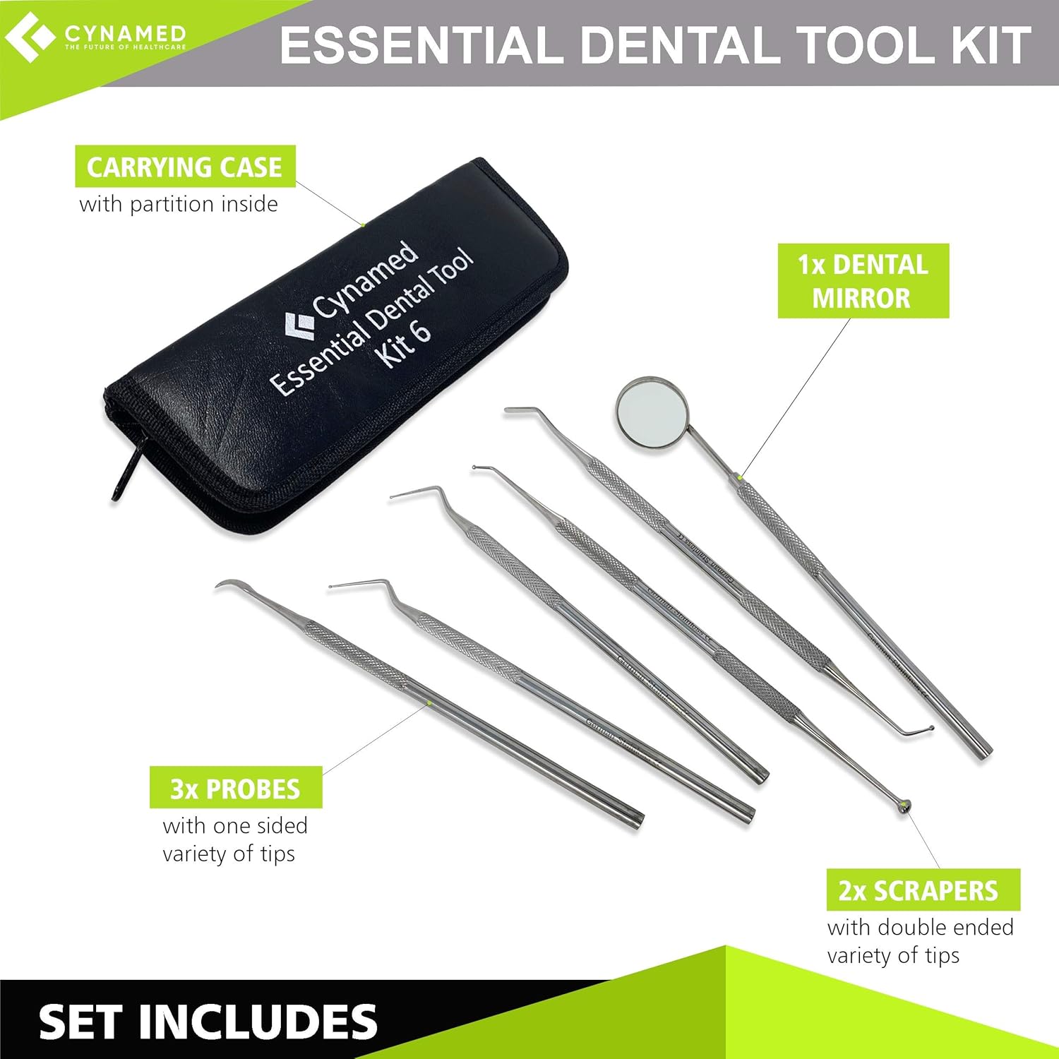 Cynamed Kit de herramientas dentales esenciales de acero inoxidable de alta calidad, kit de cuidado bucal higiénico, raspador dental, sarro,