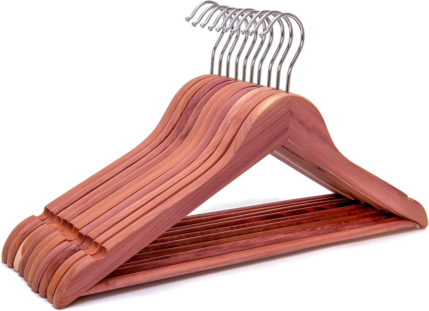 Perchas de madera de cedro rojo americano, perchas de madera para vestidos, muescas de corte suave, gancho flexible de 360, barra antideslizante