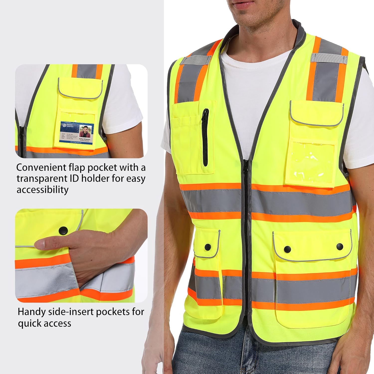 Chaleco de seguridad reflectante para hombres y mujeres, chaleco de construcción de alta visibilidad clase 2, tiras reflectantes de doble tono