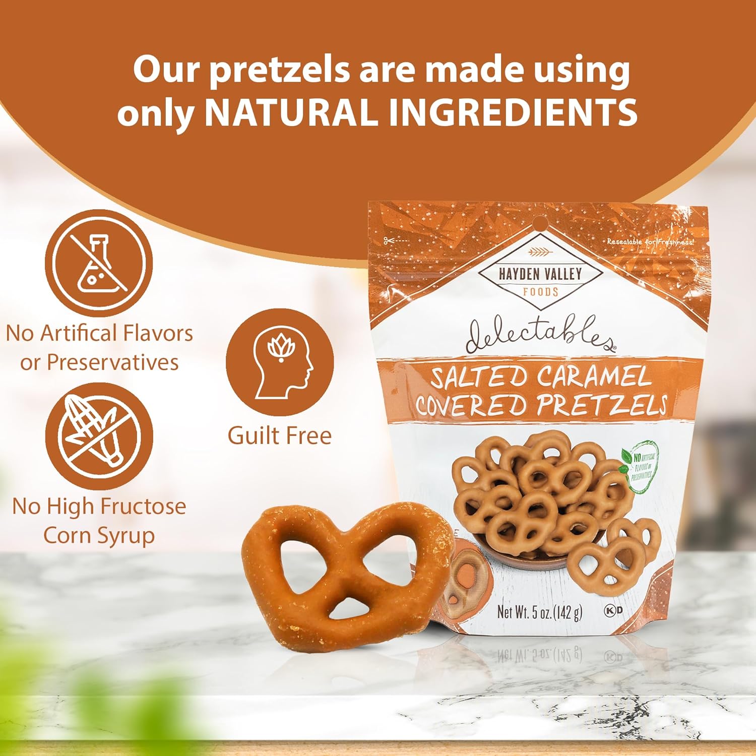 Hayden Valley Foods Pretzels cubiertos de caramelo salado, bolsas de 5 onzas (paquete de 3), sin sabores, conservantes ni colores artificiales,