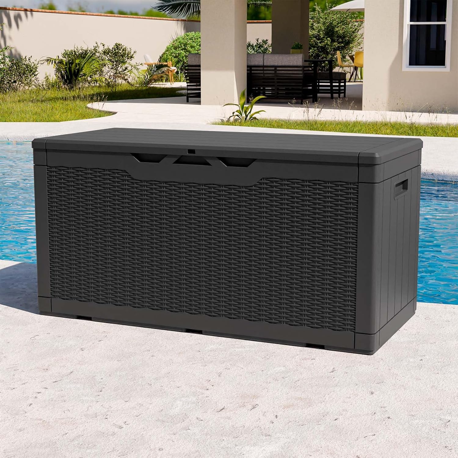 Patiowell Caja de cubierta de resina de 100 galones, caja de almacenamiento grande impermeable para exteriores con candado para muebles de patio,