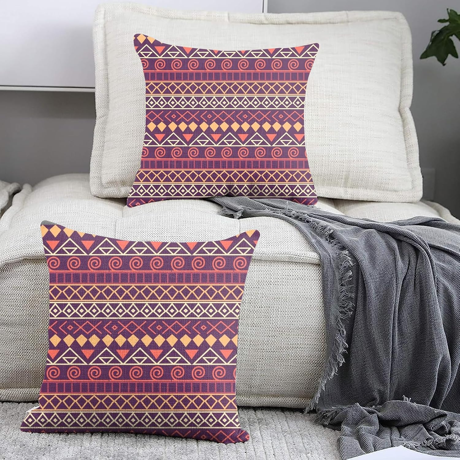 Juego de 2 fundas de almohada bohemias de 18 x 18 pulgadas, diseño étnico de lino, alfombra persa, decoración del hogar para sala de estar y