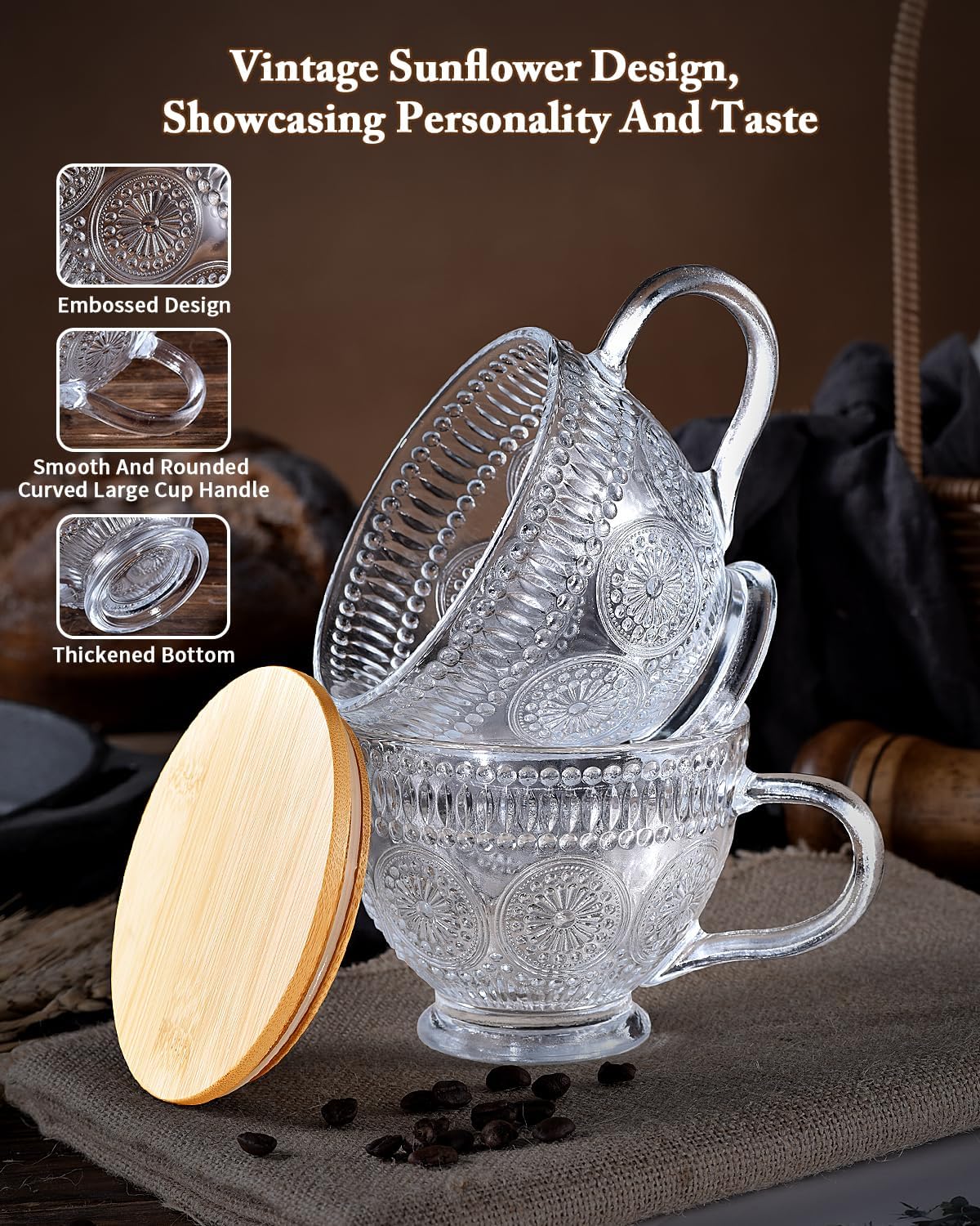 AJARAERA Juego de 6 tazas de café vintage de vidrio de 16 onzas, tazas de café transparentes, vasos de agua, vasos para beber, juego de tazas de