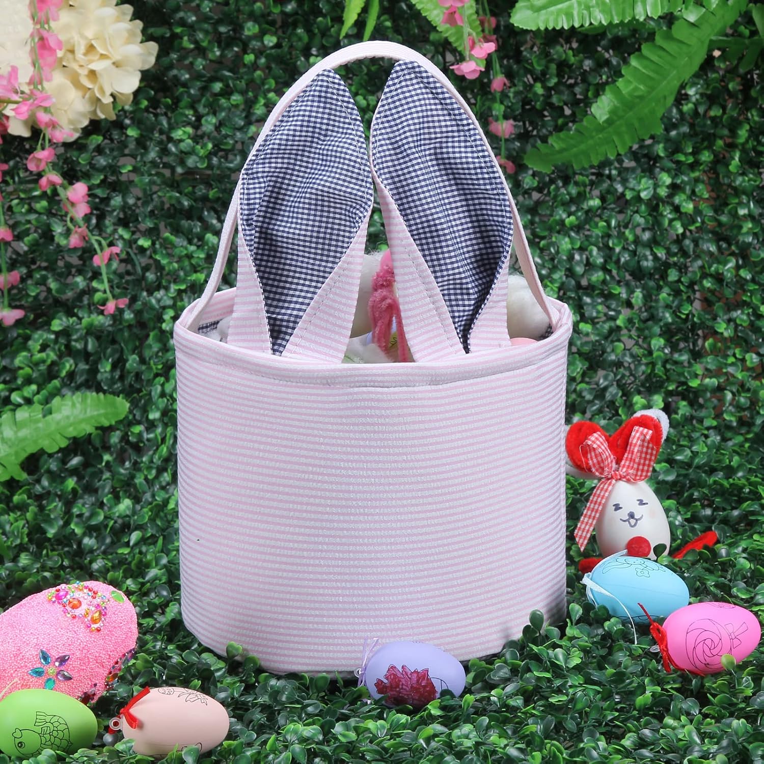 Canasta de conejo de Pascua, bolsas de huevo para niños, lona de algodón personalizado, cesta de huevo de caramelo, conejo con impresión de cola