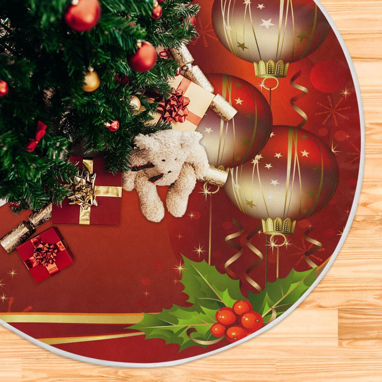 KEEPREAL Falda de árbol de Navidad con tres bolas brillantes, decoración de Halloween, falda redonda grande para árbol de 35.4 pulgadas