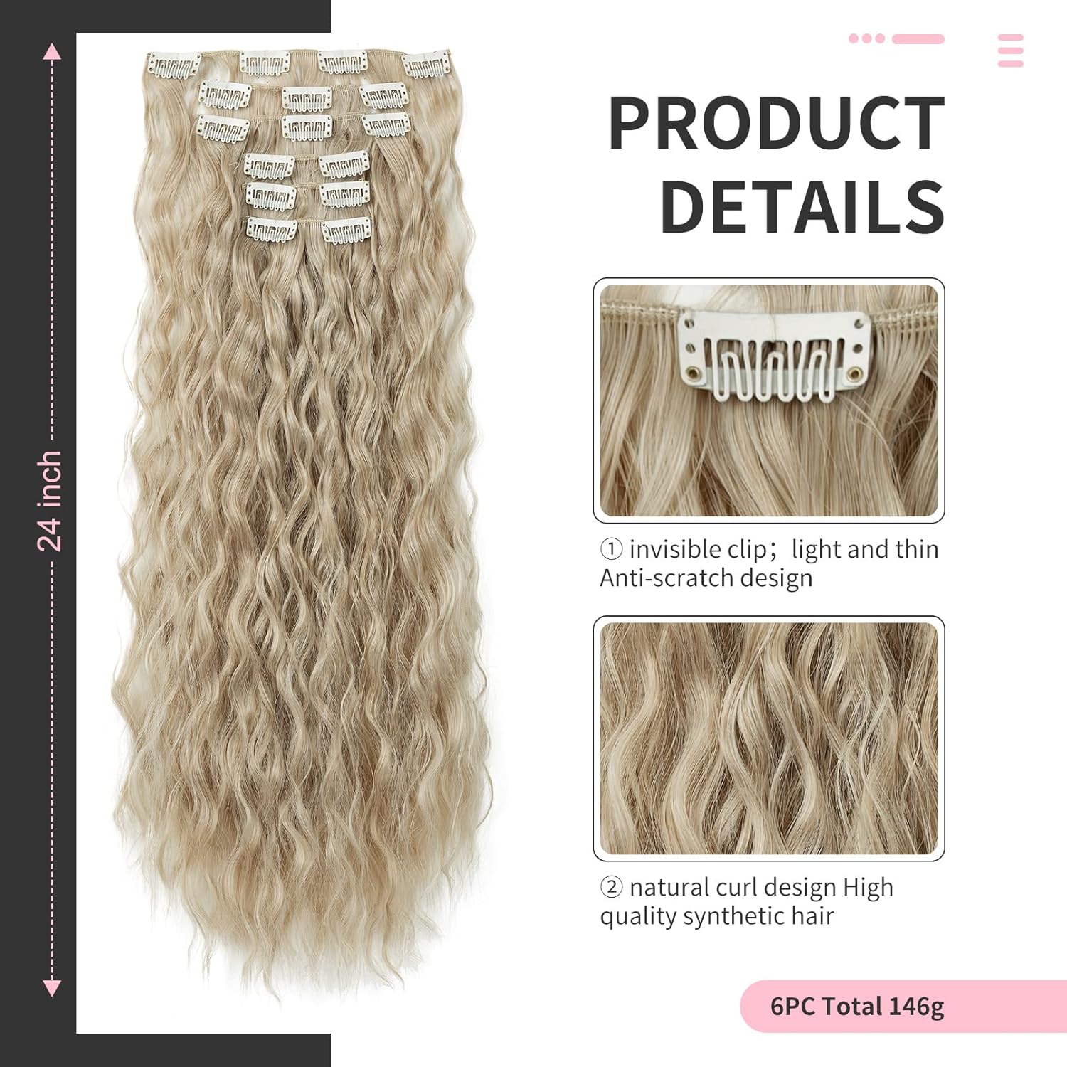FLUFYMOOZ Extensiones de cabello con pinzas, extensiones de cabello sintético ondulado con clip, 6 unidades, para mujer, 24 pulgadas (rubio ceniza