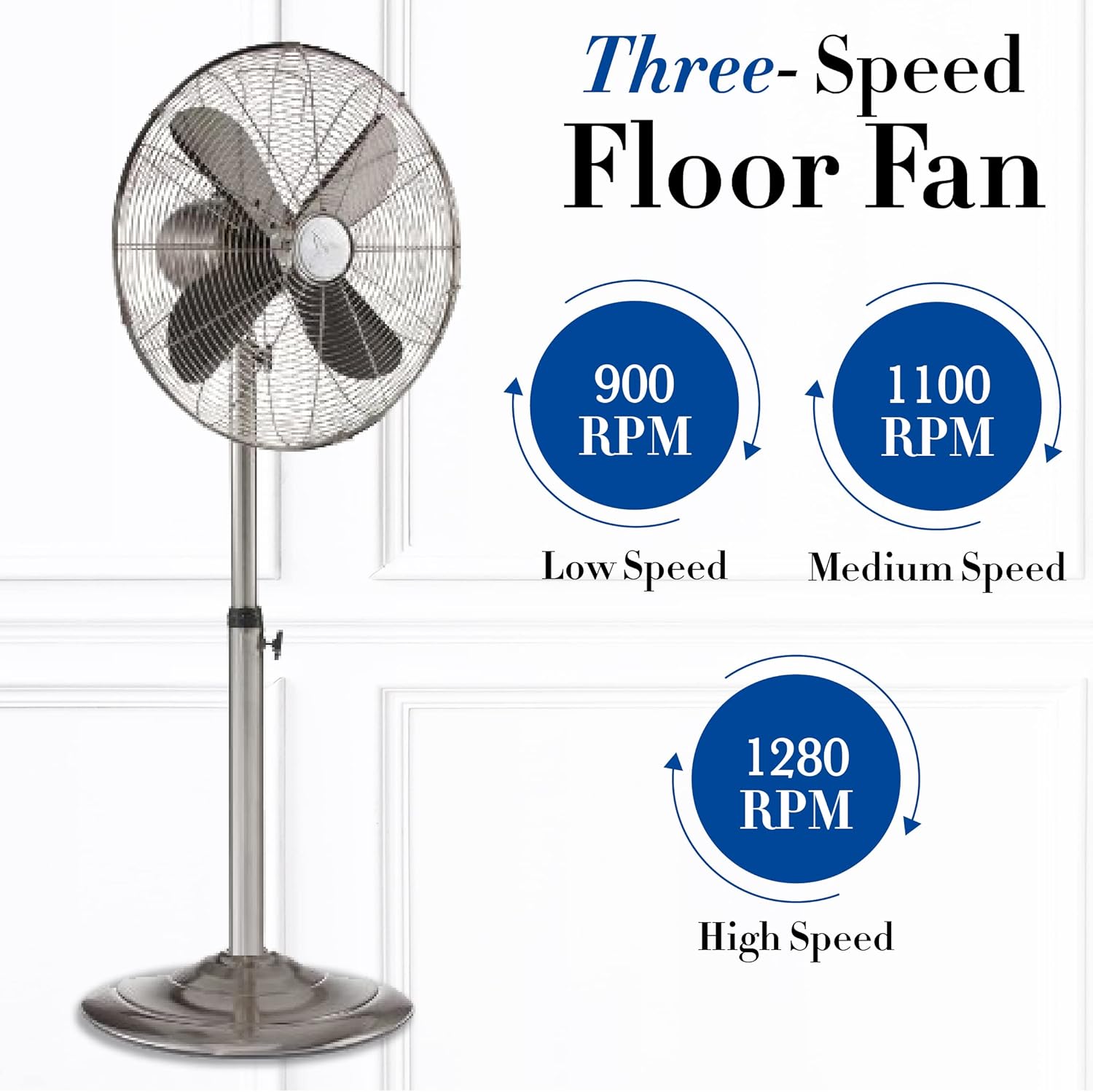 DecoBREEZE Ventilador de pie de pedestal, ventilador oscilante de 3 velocidades para interiores con altura ajustable, inoxidable, ventilador retro,