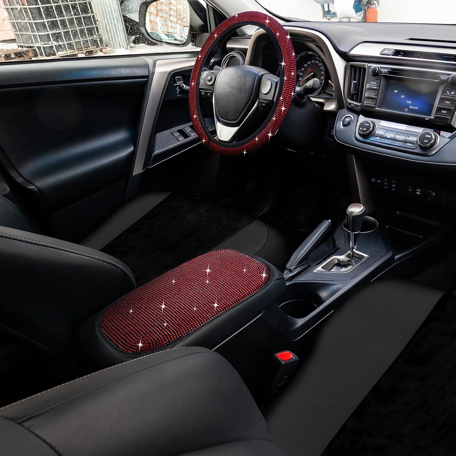Juego completo de 15 fundas de asiento de automóvil de tela de terciopelo brillante, accesorios de automóvil negros para mujeres, funda de volante
