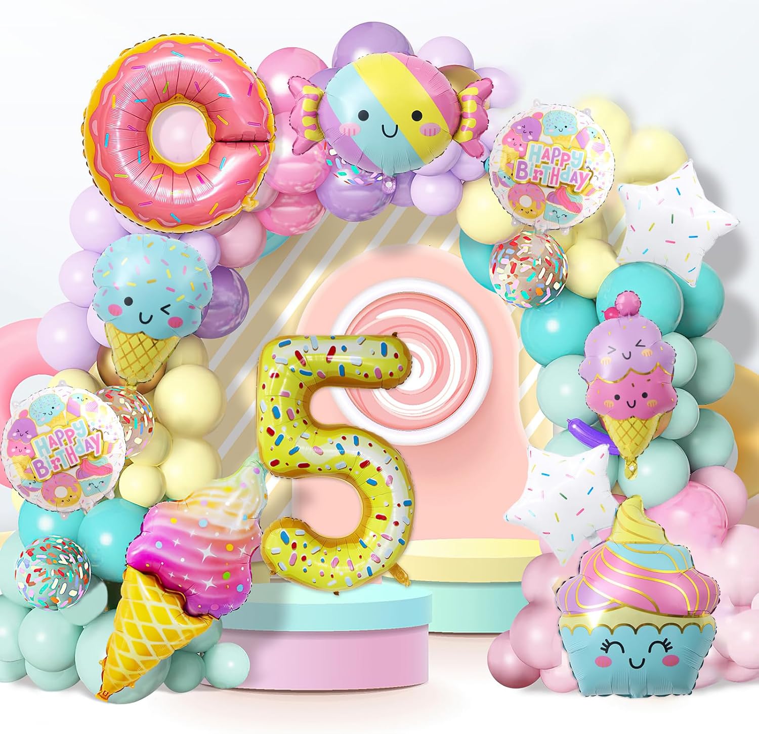 10 globos de helado, dona de helado, caramelo, número de cumpleaños, globo de papel de aluminio de mylar, tema de helado, suministros de fiesta de 5