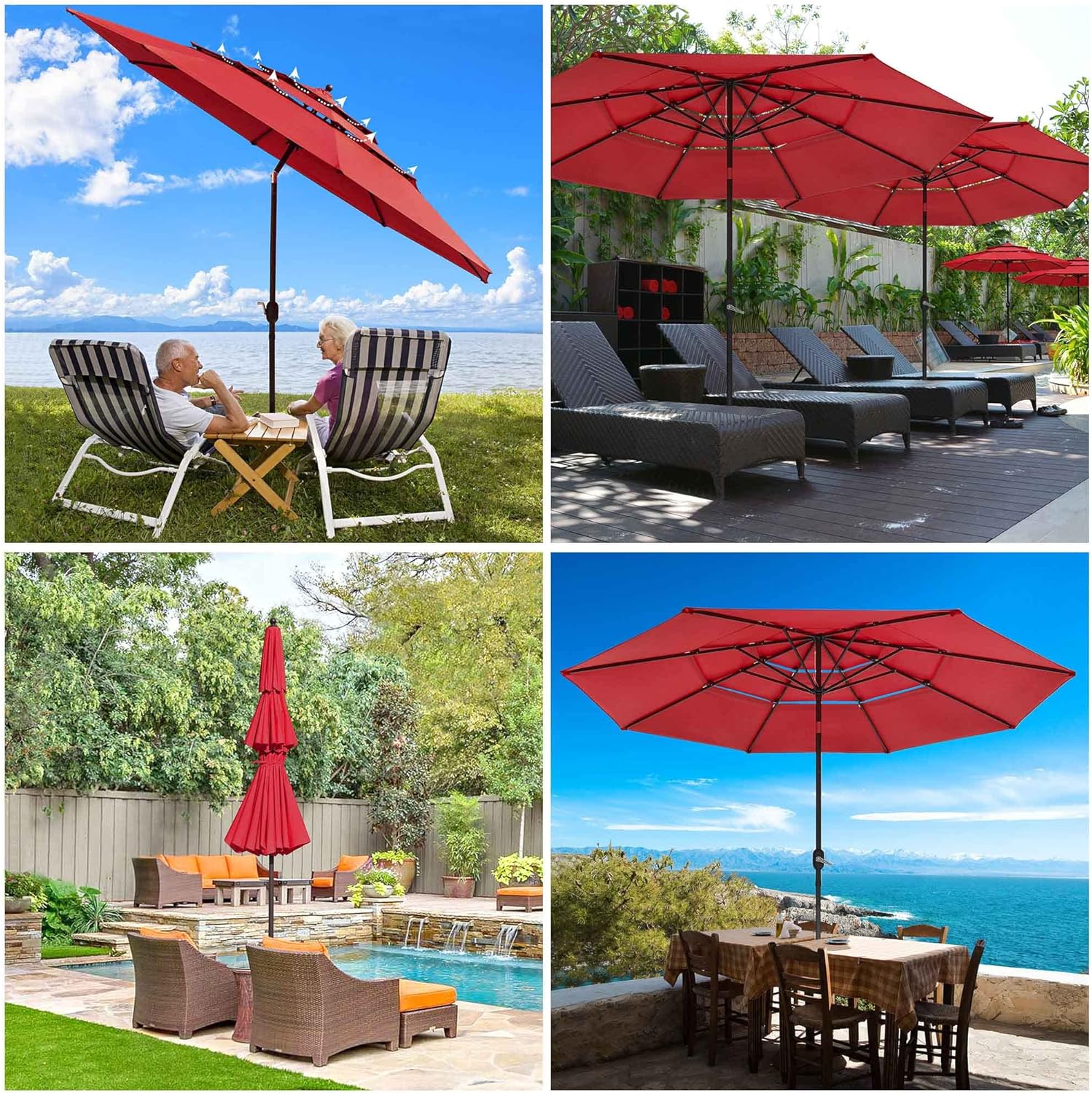Yescom UV70+ – Sombrilla de patio de 3 niveles de 11 pies con manivela para empujar para inclinar, para jardín al aire libre, patio trasero, mesa de