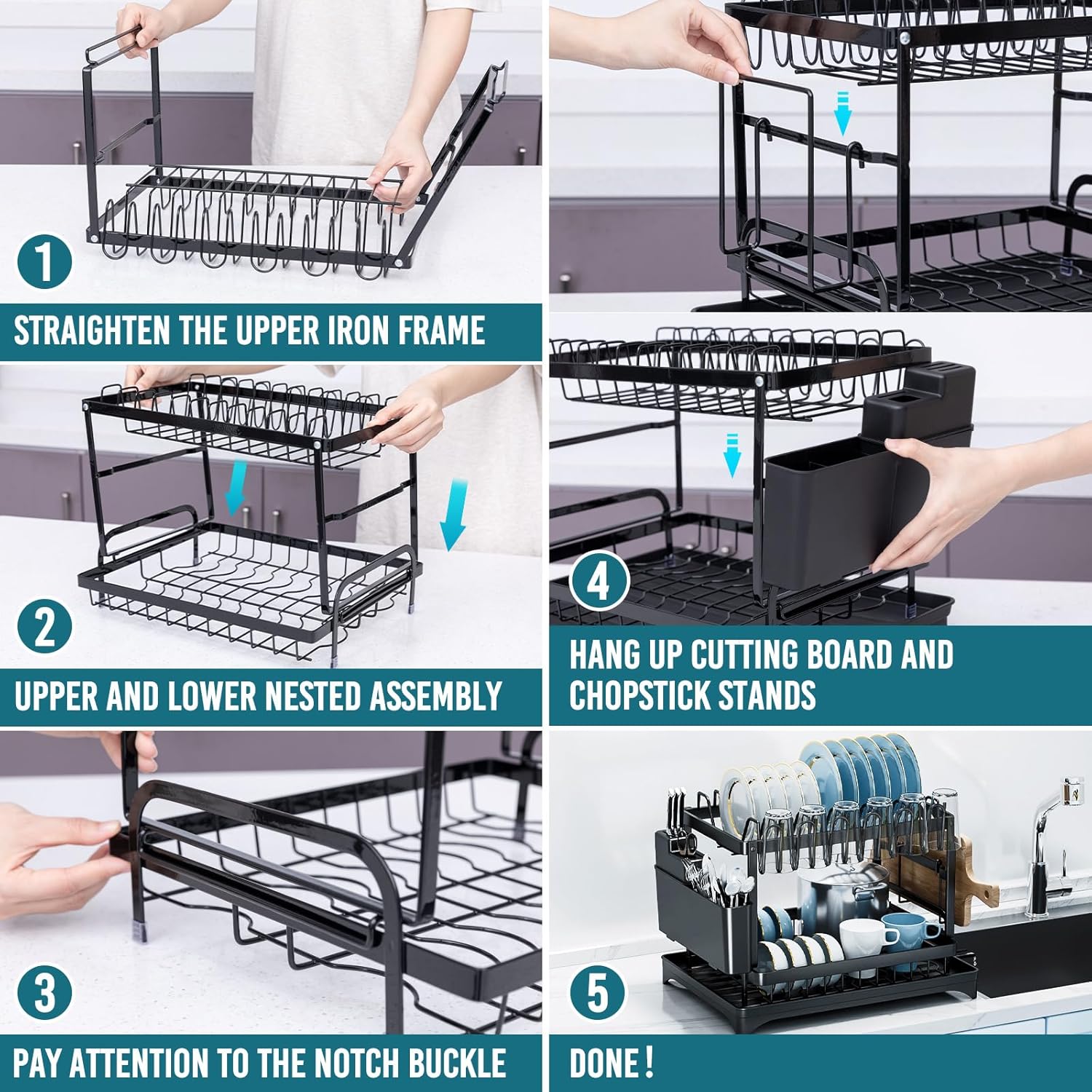 TAILI Escurridor de platos para encimera de cocina con escurridor, escurridor grande de 2 niveles y escurridor con soporte para cubiertos