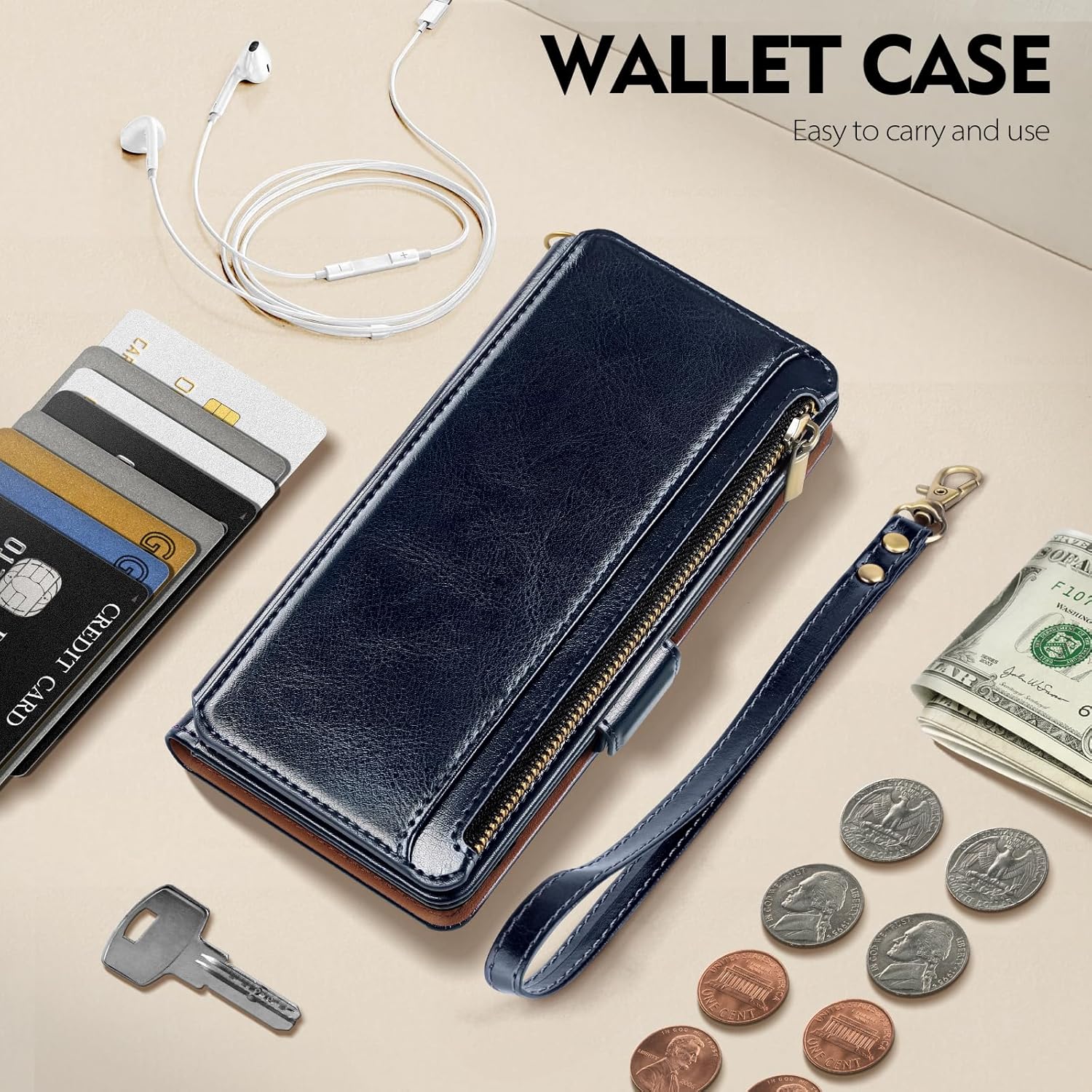 Antsturdy Funda tipo cartera compatible con iPhone 15 Pro, bloqueo RFID, funda de piel sintética para teléfono para mujeres y hombres con tarjetero
