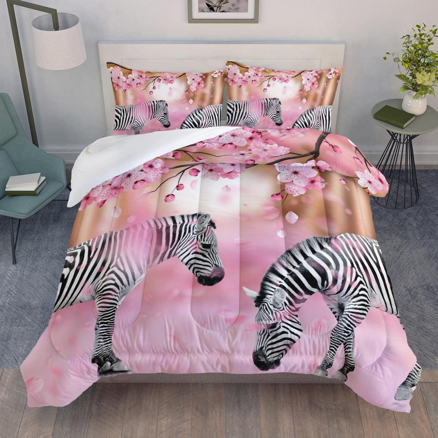 AILONEN Juego de edredón de animales de ensueño, tamaño matrimonial, juego de ropa de cama de cebra con flor de durazno primaveral, juego de edredón