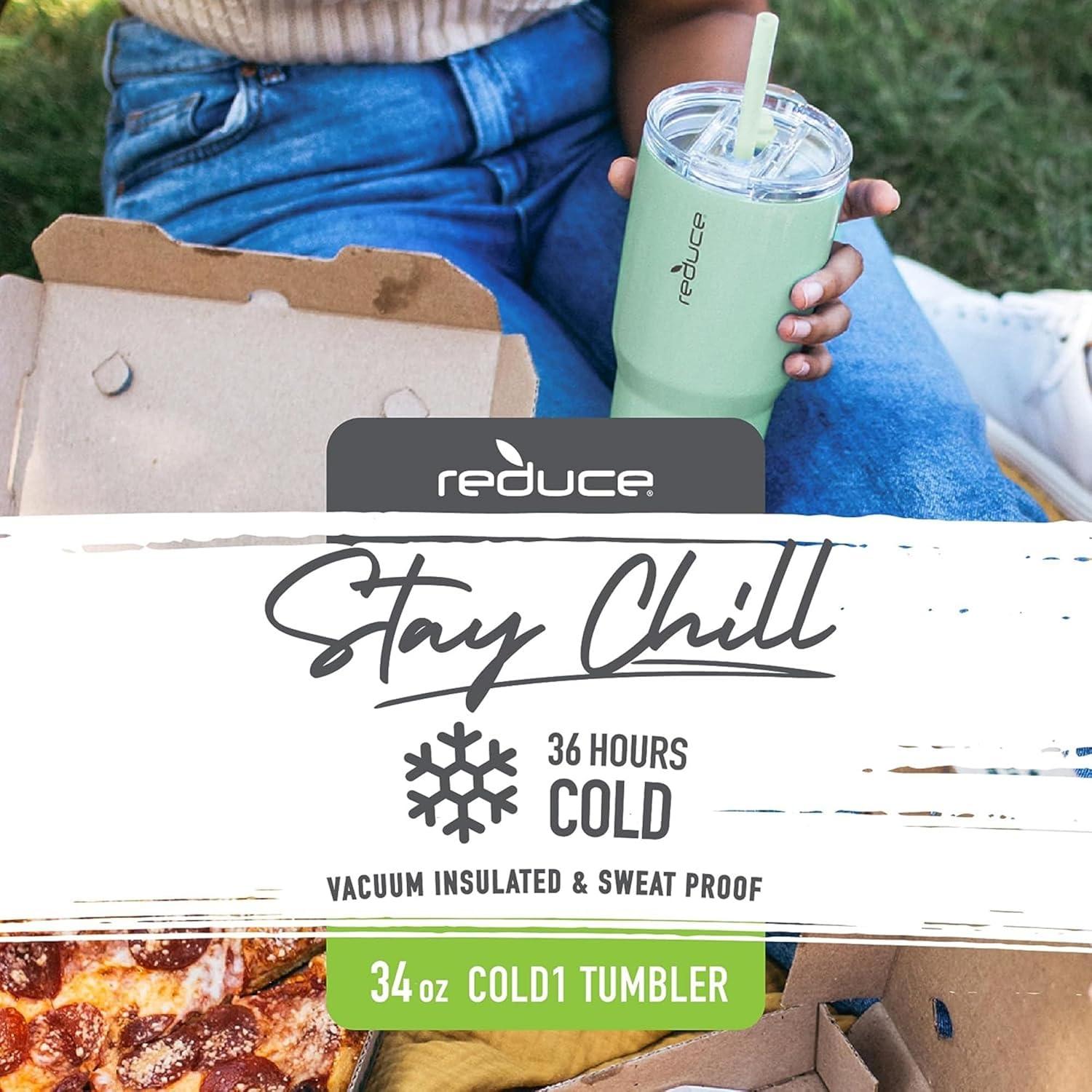 Reduce Cold1 – Vaso de acero inoxidable aislado al vacío de 34 onzas con tapa y popote, mantiene las bebidas frías hasta 36 horas, marcas internas