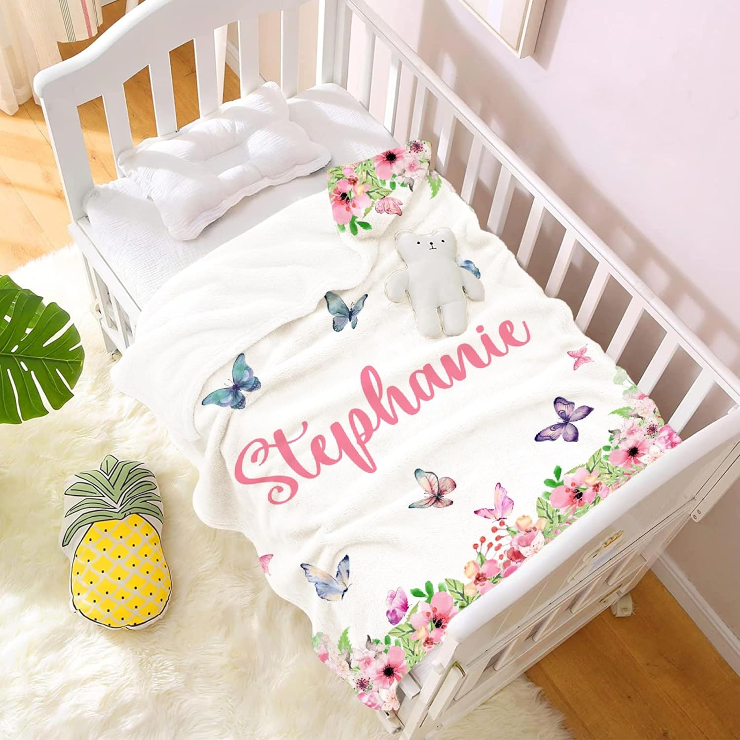 Manta personalizada de franela de vellón de mariposa para bebé, manta de regalo personalizada con nombre, manta ligera y suave, bonita manta