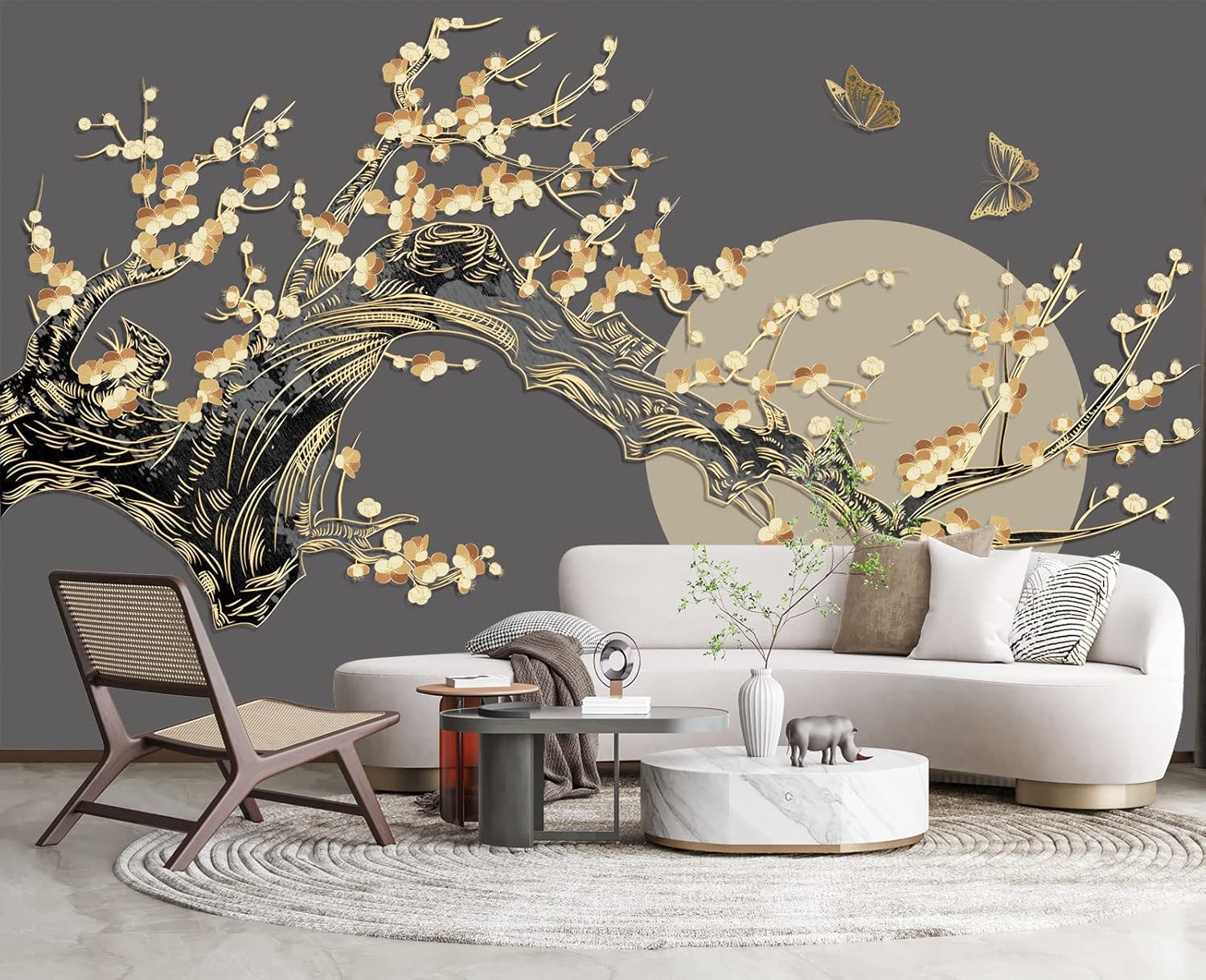 Papel tapiz de pared con diseño de mariposas y luna de ramas doradas, para dormitorio, 178 x 117 pulgadas