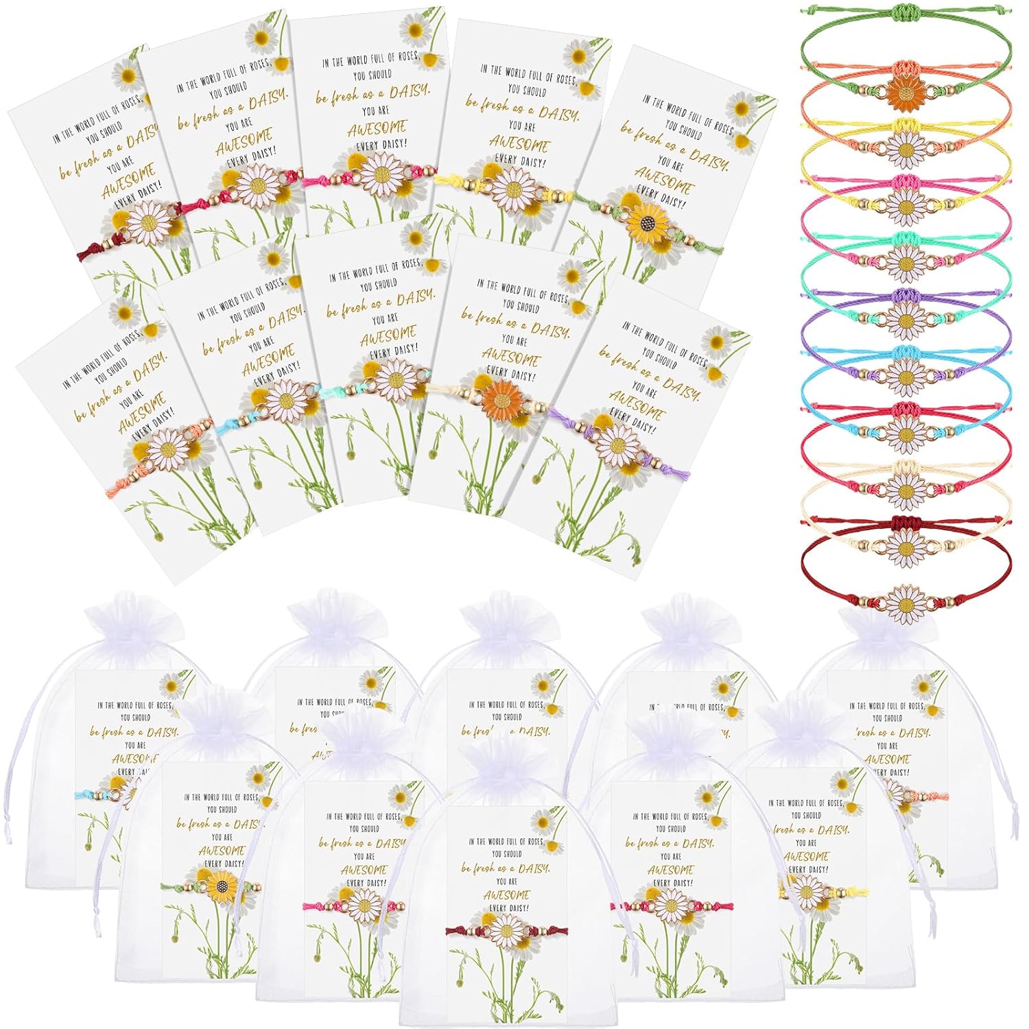 30 juegos de pulseras inspiradoras a granel, regalos de margaritas coloridas, pulsera de margaritas lindas, pulsera de girasol con tarjetas