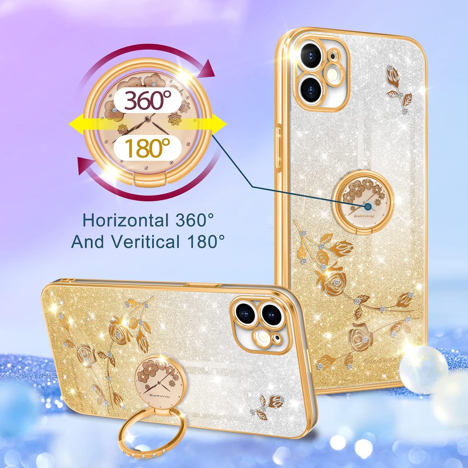 Coralogo Funda 3 en 1 para iPhone 11 con purpurina brillante para mujeres y niñas, cubierta brillante con bonito diseño floral dorado con anillo,